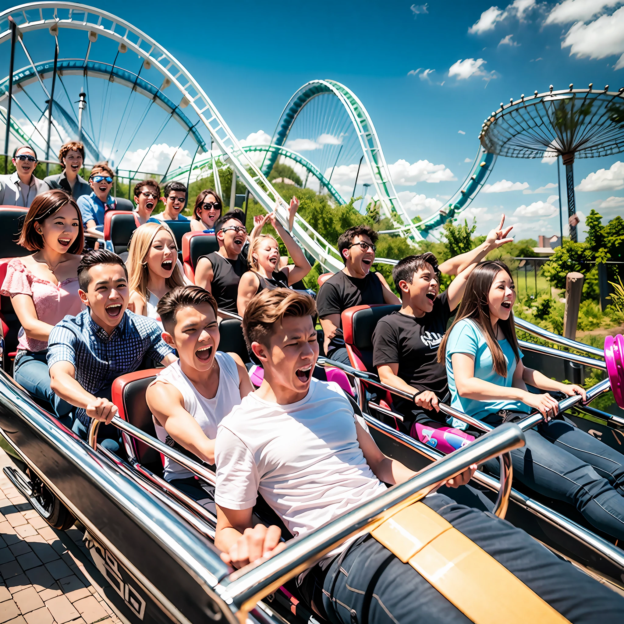 A dozen friends play roller coaster at a large amusement park