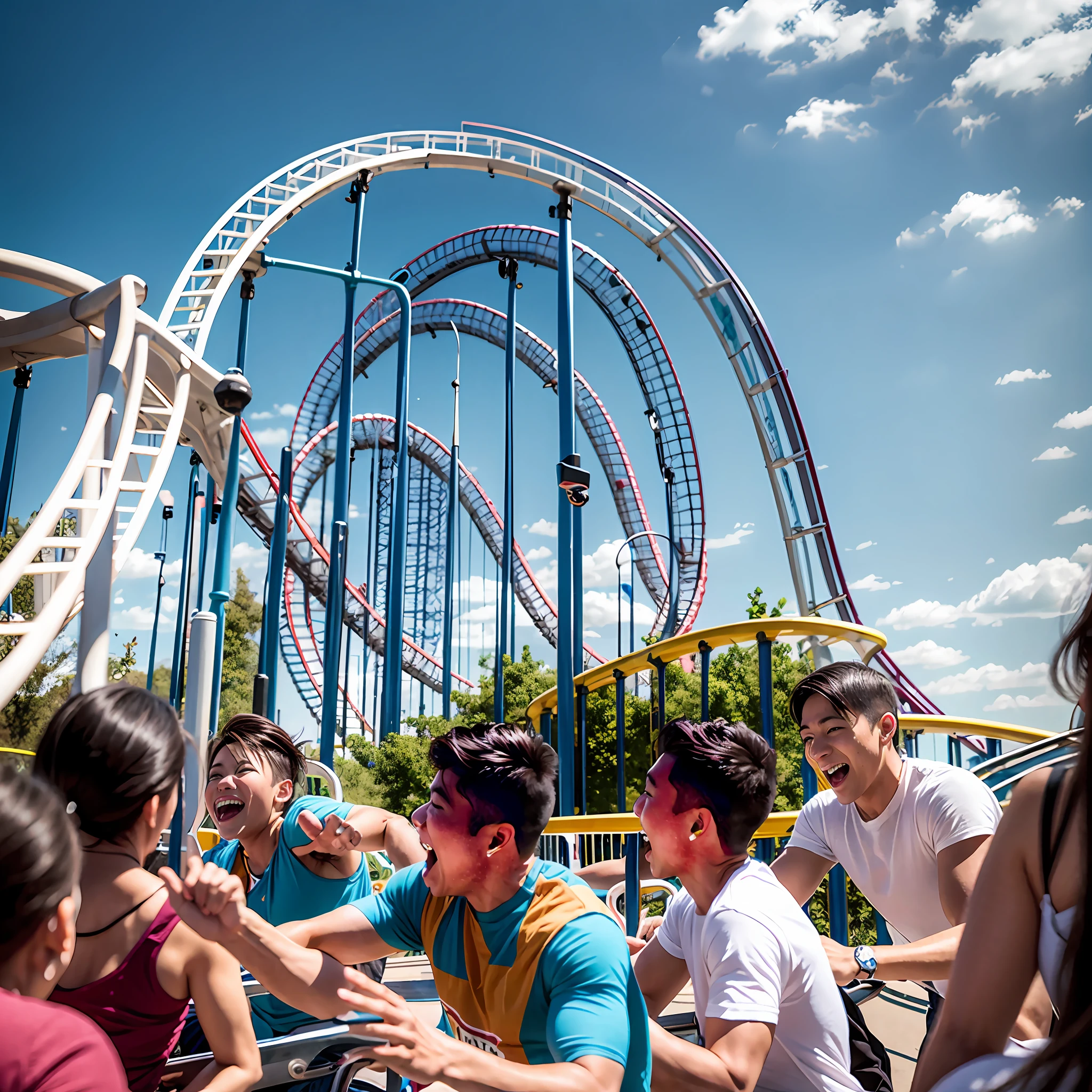 A dozen friends play roller coaster at a large amusement park
