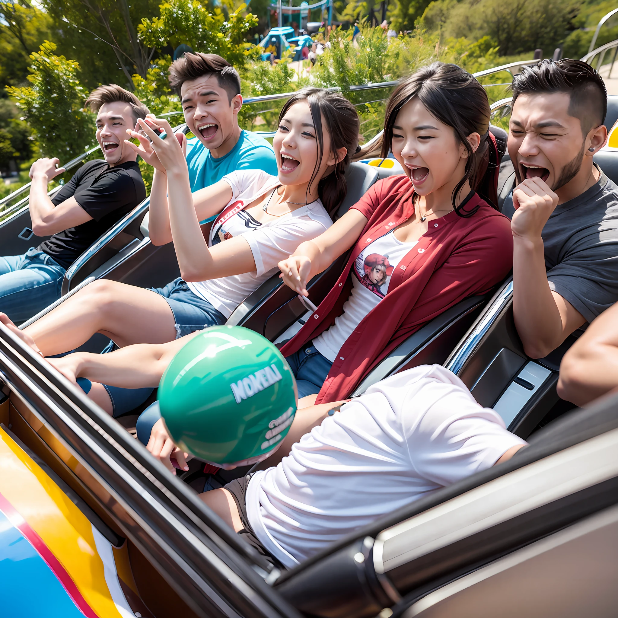 A dozen friends play roller coaster at a large amusement park