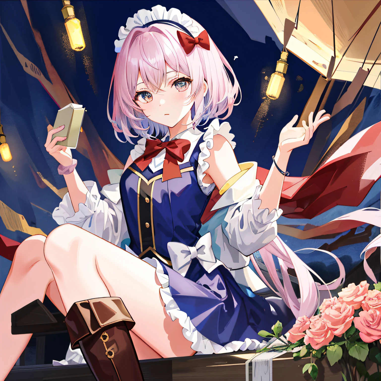 Tsundere、quadratic element、Small ****、with short black hair、Bright eyes、Small round face、upturned eyebrows、Fair and smooth skin。 Sweet、****ta style、Puffy skirt、Lace、Bow knot、The color is bright、Cute style、In pink、blue colors、red colour、lace legwear、tigh-high boots、Cute accessories、Bow hairpins、neck chain、bangle、school ground、Anime Carnival。Falling streamers and debris，a sense of atmosphere。absurderes, A high resolution, Ultra detailed, elegant flourishes, and a sense of craftsmanship and skill,。Anime girl in maid costume sitting on a branch, Beautiful anime girl, seductive anime girls, cute anime waifu in a nice dress, pretty anime girl, attractive anime girls, Cute anime girl, beautiful and seductive anime woman, (Anime girl), Anime girl, Kawasi, Guweiz in Pixiv ArtStation, Extremely detailed Artgerm