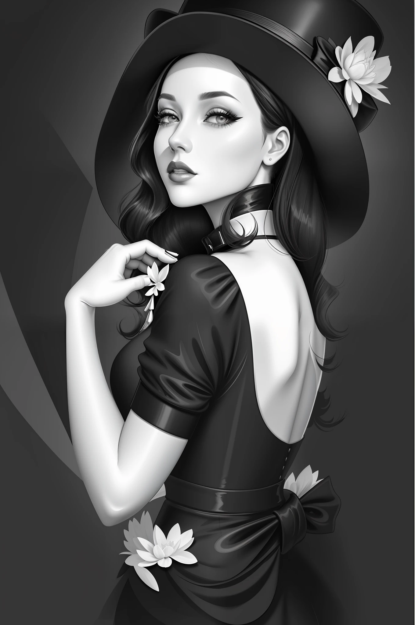A black and white photo of a woman in a hat, style digital painting, Digital painting style, sultry digital painting, elegant digital painting, drawn in the style of artgerm, #1 digital paintting of all time, # 1 digital paintting of all time, in the style of artgerm, artgerm portrait, Fashion portrait, glossy digital painting