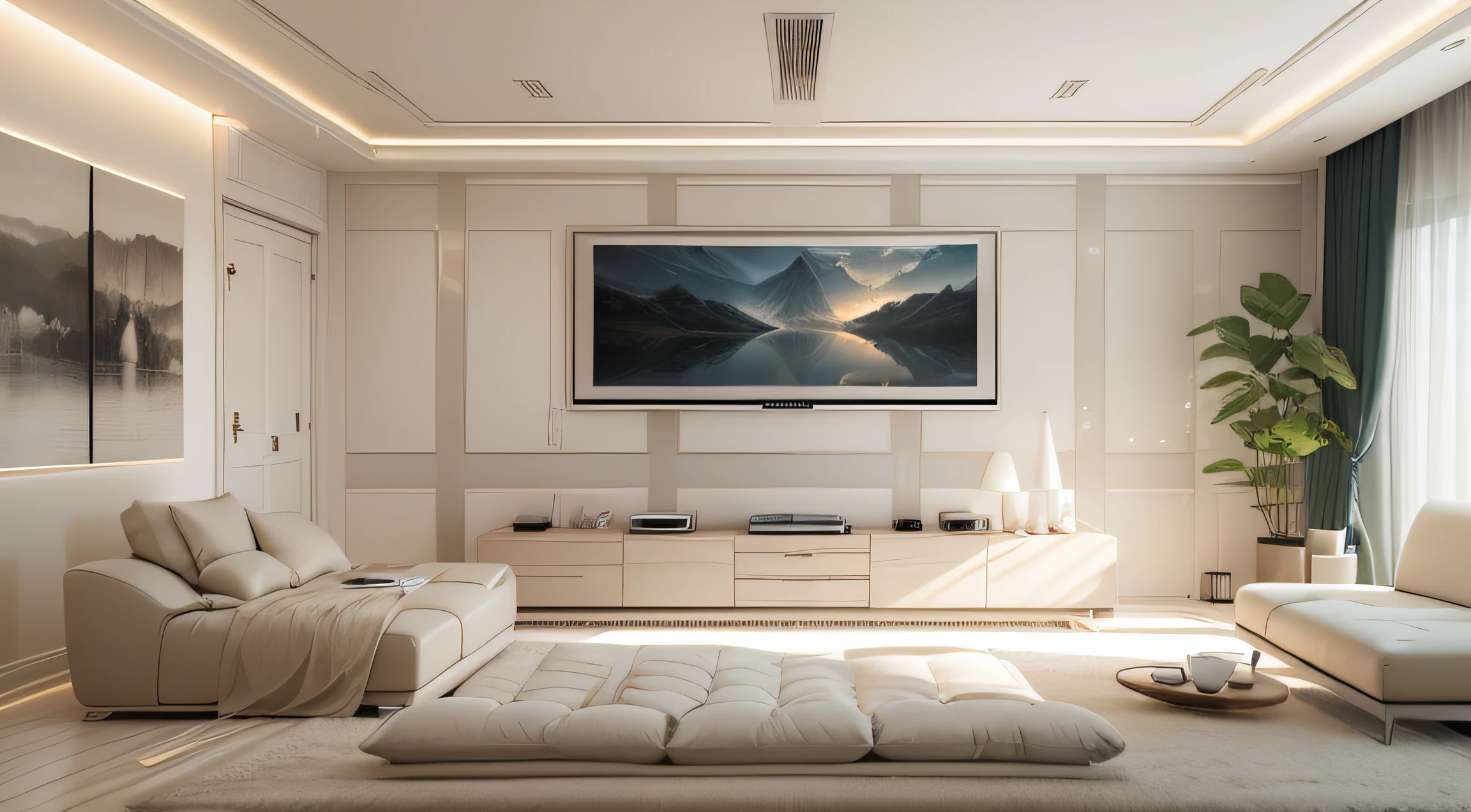 ((((tmasterpiece)))),(((best qualtiy)))),Ultra-detailed wide-area camera,Modern living room in minimalist style,(Modern living room:1.5),modern,White theme,sofe,Decorative painting,Tea table,(potted:0.6),窗帘,Soft natural light through the curtains,Interesting light and shadow,low-light