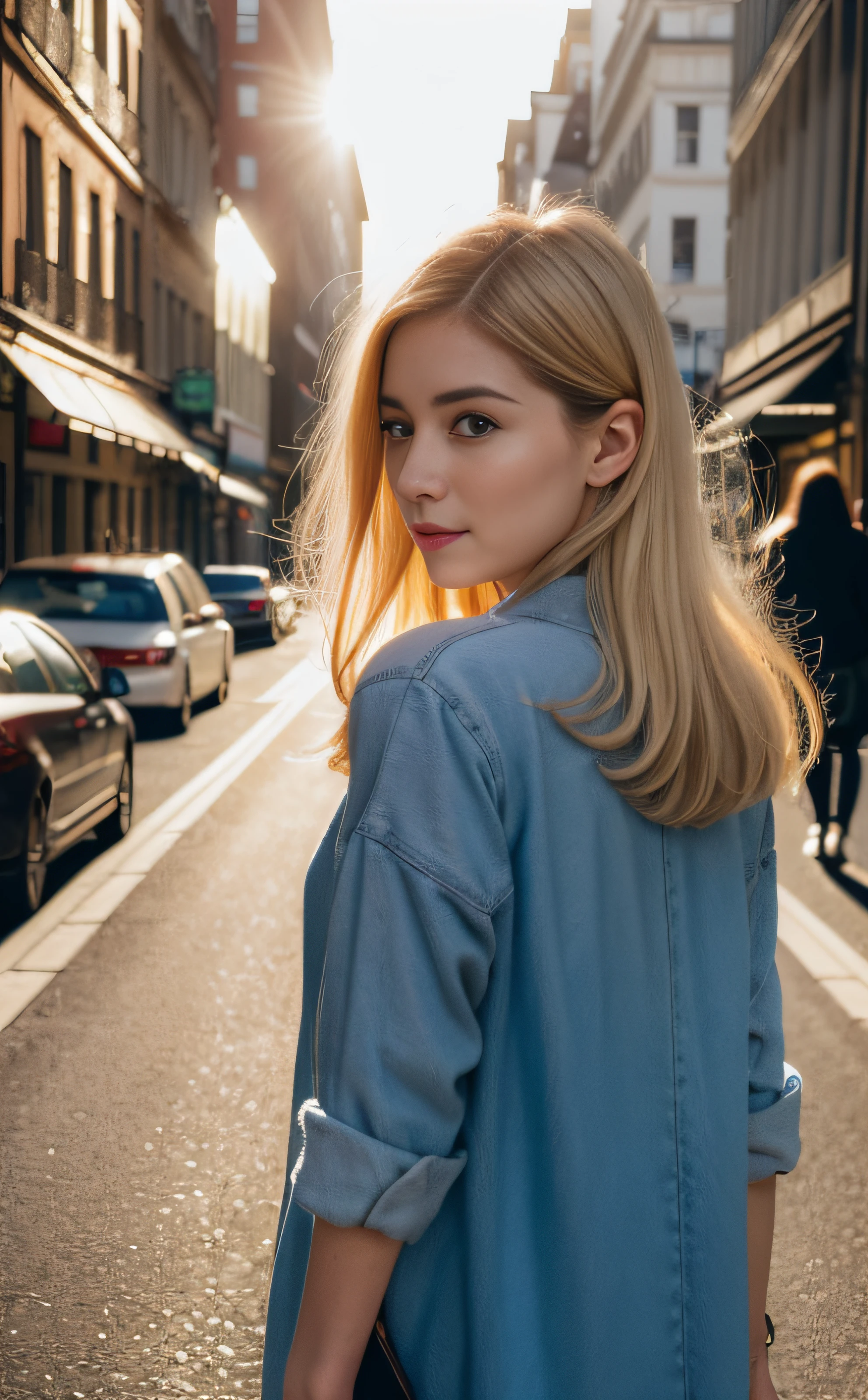 ((top-quality、8K、masuter piece:1.3))、Wide View、the setting sun、(((Back lighting)))、Influencer、Bustling street、full body Esbian、1人、Hungarian、bule、Beautiful woman with model body type:1.3、(Highlight Haircuts)、hyperdetailed face、A detailed eye、二重まぶた、full body Esbian、a blond、