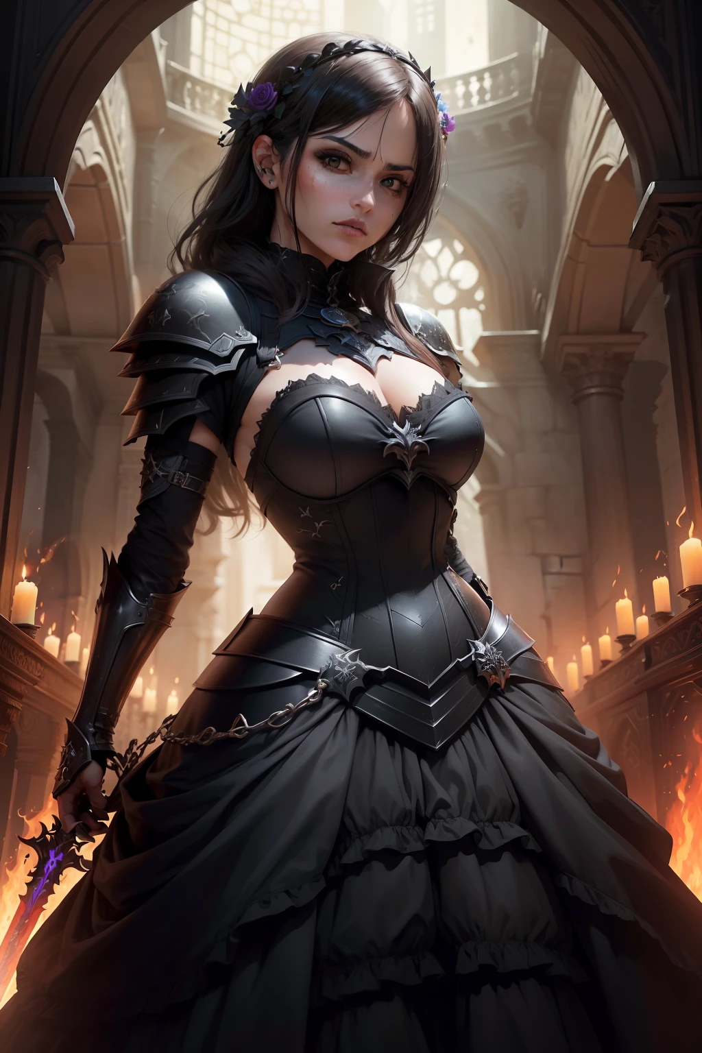 ((detalhes intrincados))1 female, dark knight, darkness florist, focus, heavy armor, flame sword, intimider eyes, rage, ((detalhes intrincados, hiperdetalhado))