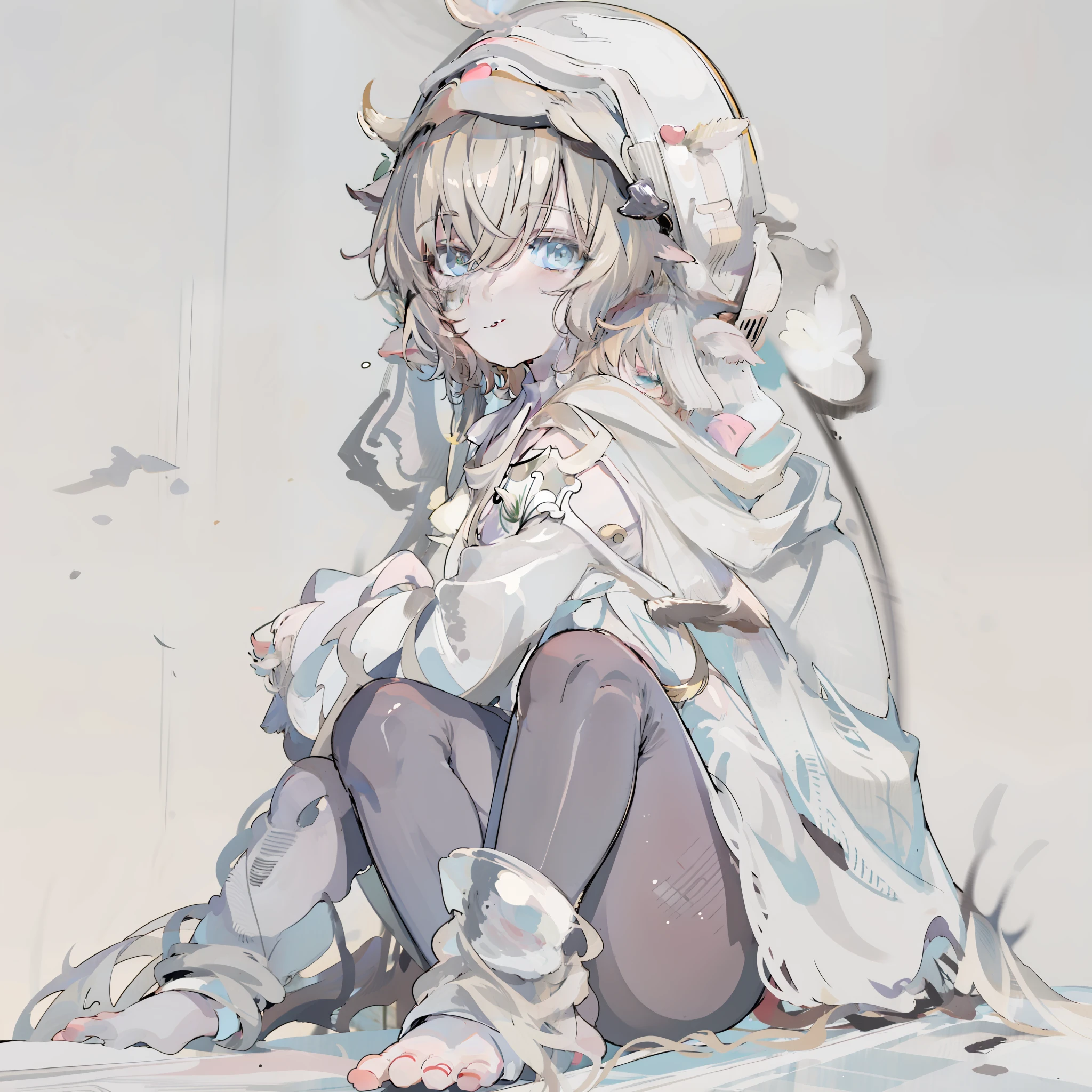 Anime girl sitting on the ground,There is a halo on the top of the head, Line sketch!!, clean anime outlines, anime sketch, Anime moe art style, Line sketch, flat anime style shading, sketchy artstyle, anime shading), thick line art, sketched, Casual pose, thick lineart, clean and meticulous anime style, linear art, with index finger, Line art!!