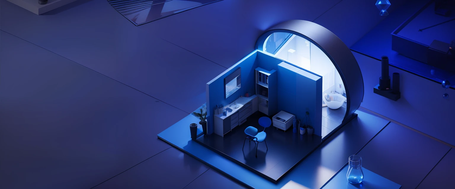 Home improvement scene，Bedroom home decoration scene rendering effect，Blue gradient background，The interface is simple and clean，Add PPR plastic pipe elements、Spherical particle element、Triangular pyramid elements、Plastic pipes，Floor heating pipe installation site，Bathroom scene
