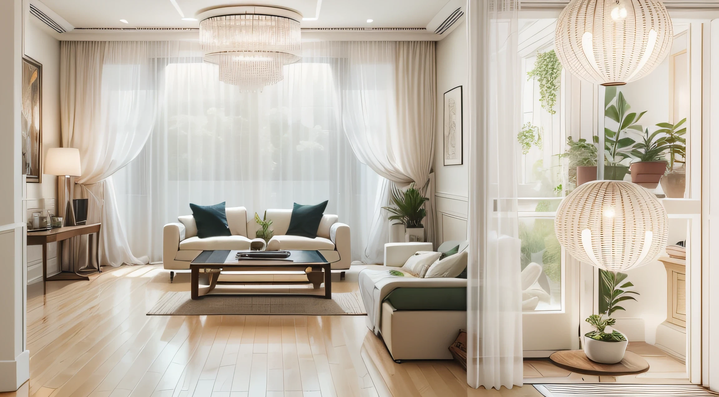 ((((tmasterpiece)))),(((best qualtiy)))),Ultra-detailed wide-area camera,Modern living room in minimalist style,(Modern living room:1.5),modern,White theme,sofe,Decorative painting,Tea table,(potted:0.6),窗帘,Soft natural light through the curtains,Interesting light and shadow,low-light