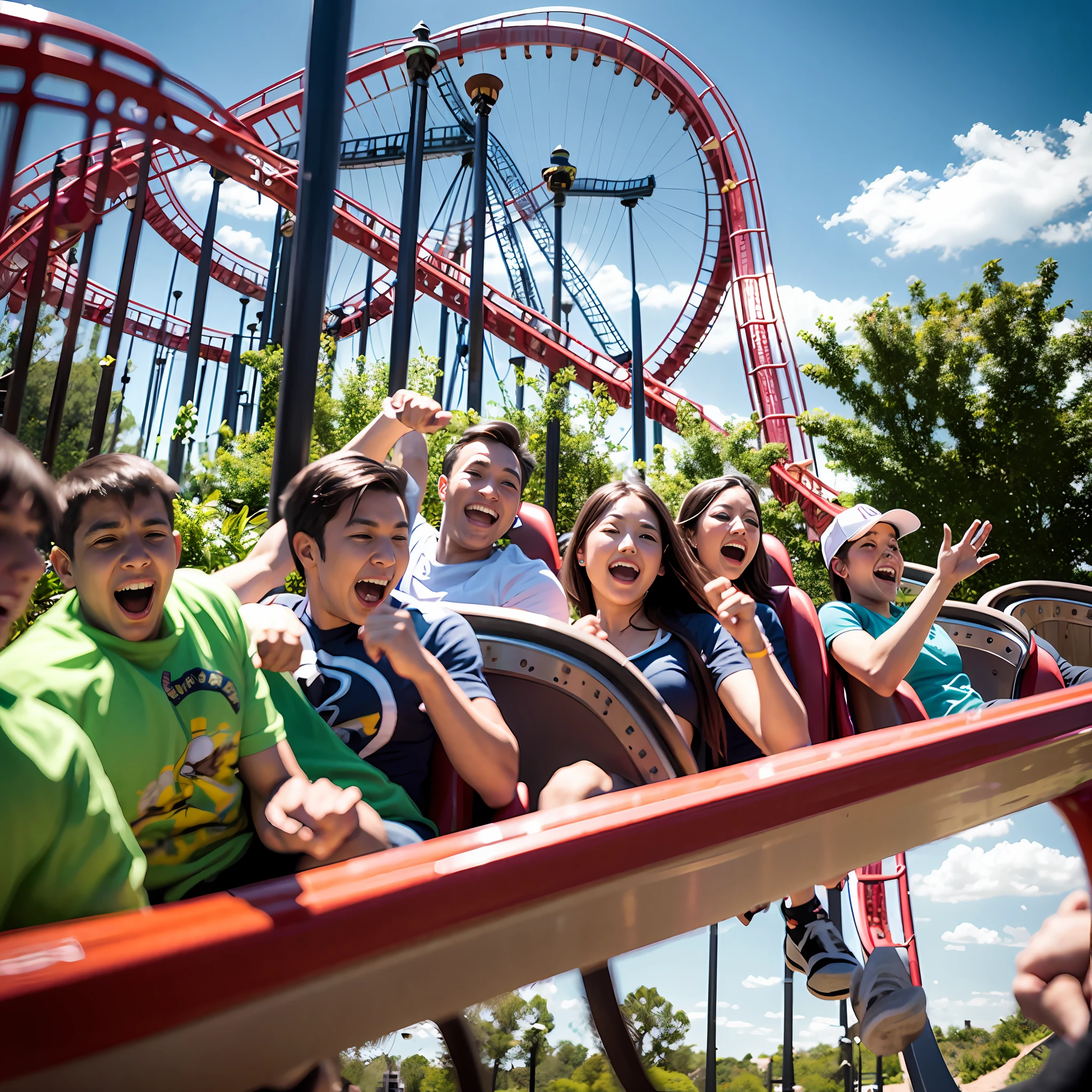 A dozen friends play roller coaster at a large amusement park