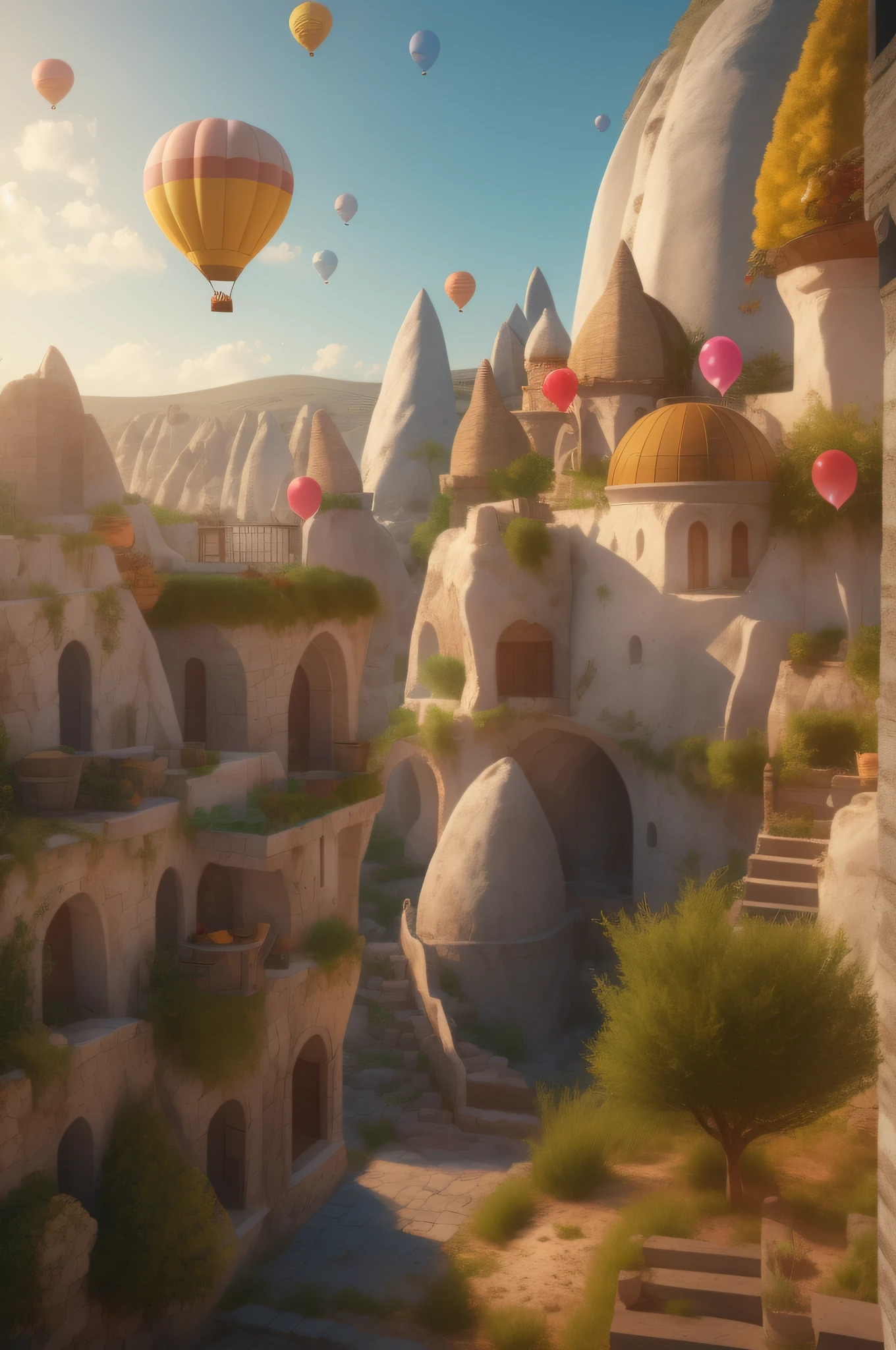 (master piece), best quality. Cappadocia Region, Princess watching from a balcony balloons in the sky in the background, fantasy style 8k Octane Rendering, (Octane Rendering) fantasy style, Fantasy matte painting, cute, realistic fantasy illustration, Epic 3D illustrations, beautiful digital art, fantasy behance art , stylized as a 3d rendering, disney art style, beautiful rendering of a fairy tale, Vray tracing, dslr, uhd, 32k