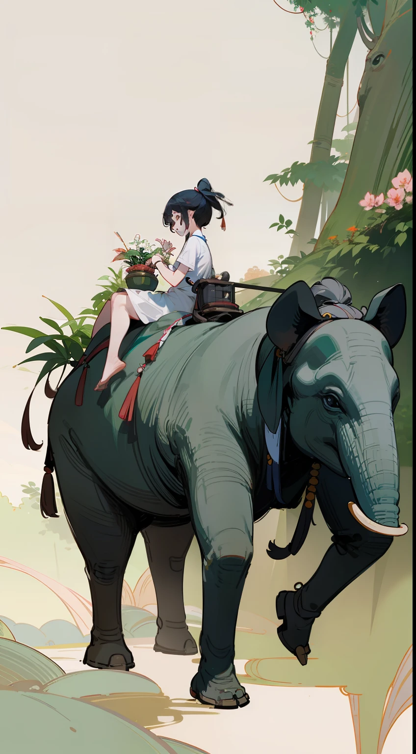 elephants,Geographical landscape of Yunnan, China,The plant species is abundant,A beautiful girl leads an elephant,Girls in white,Need,illustration