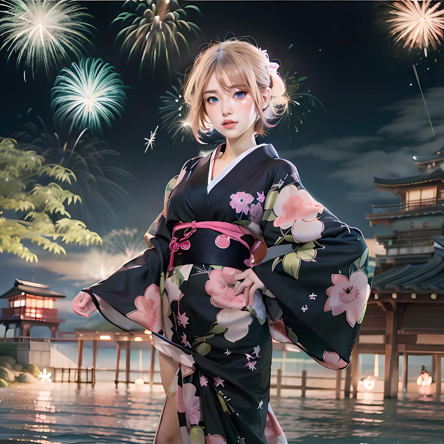 (masutepiece、8K)、Seaside fireworks display,Lots of fireworks、Horizon、Full Moon Night、Sexy woman in black yukata and pink underwear, ((Fine skin quality))、Blonde Shorthair,Big blue eyes、Gorgeous 20 year old Japan woman,(Colossal tits:1.2)、 sexy look at the camera,