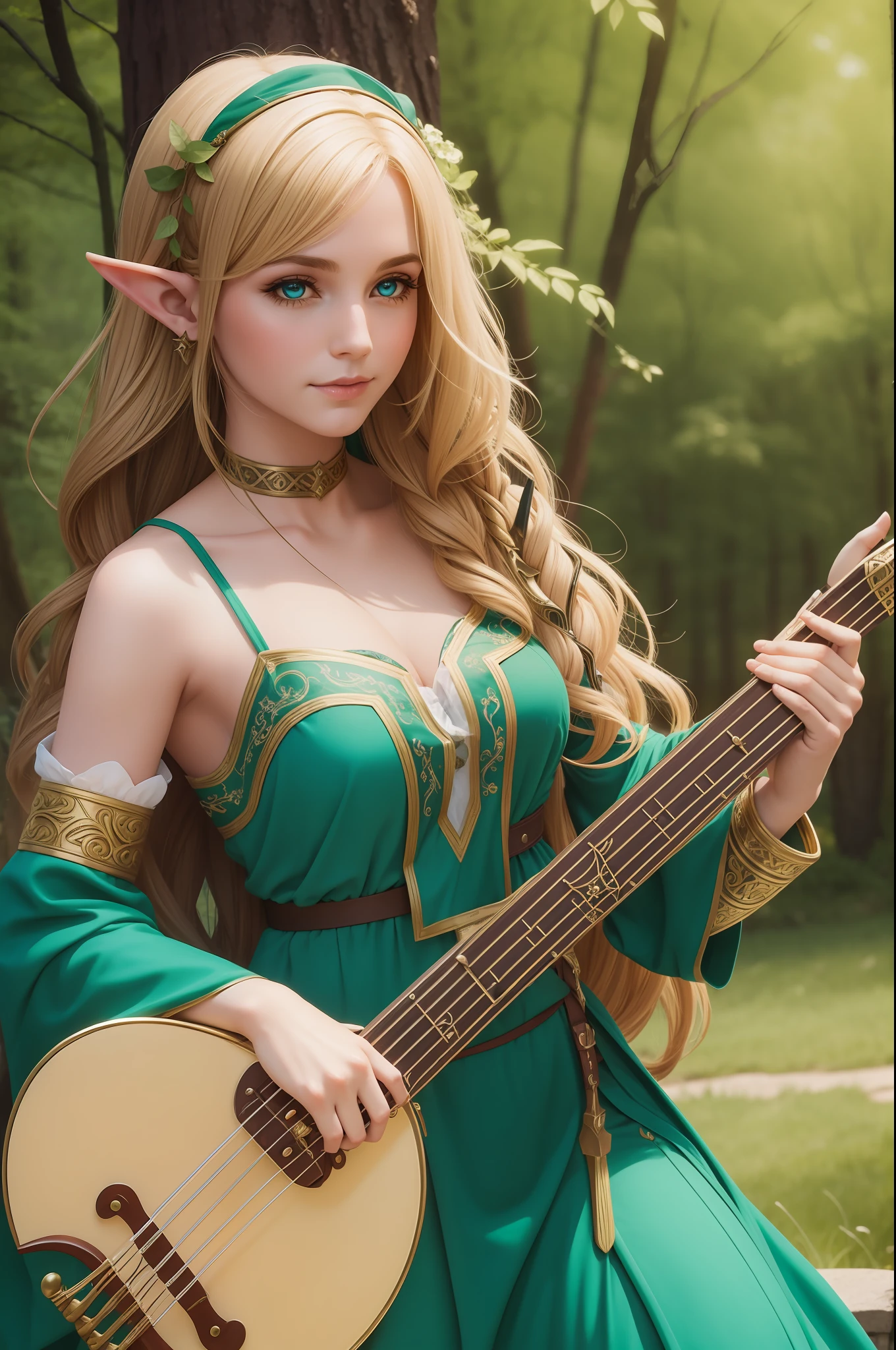 elf bard, with lyre, rpg character, high fantasy medieval style