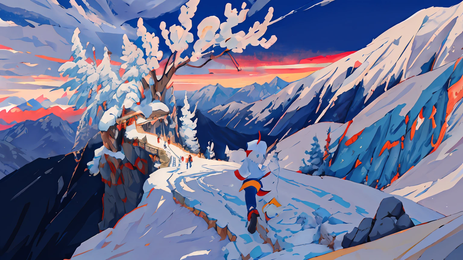 Anime characters ride on snow-covered mountains with the sky as a backdrop, A scene from the《azur lane》videogame, Kantai collection style, from touhou, azur lane style, Guviz, Beautiful anime artwork, trending on artstation pixiv, 2. 5 D CGI anime fantasy artwork, Popular on Pisif, From Arknights, Pisif