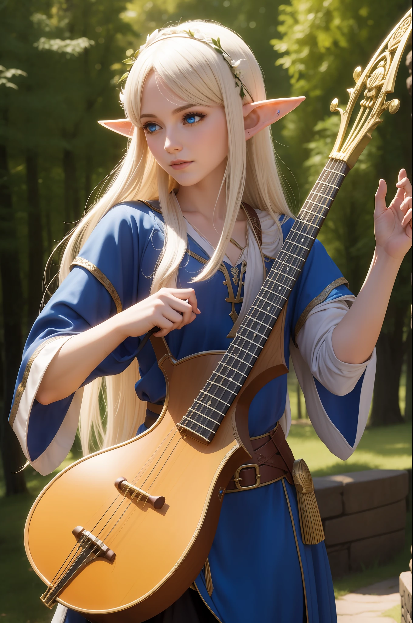 elf bard, with lyre, rpg character, high fantasy medieval style