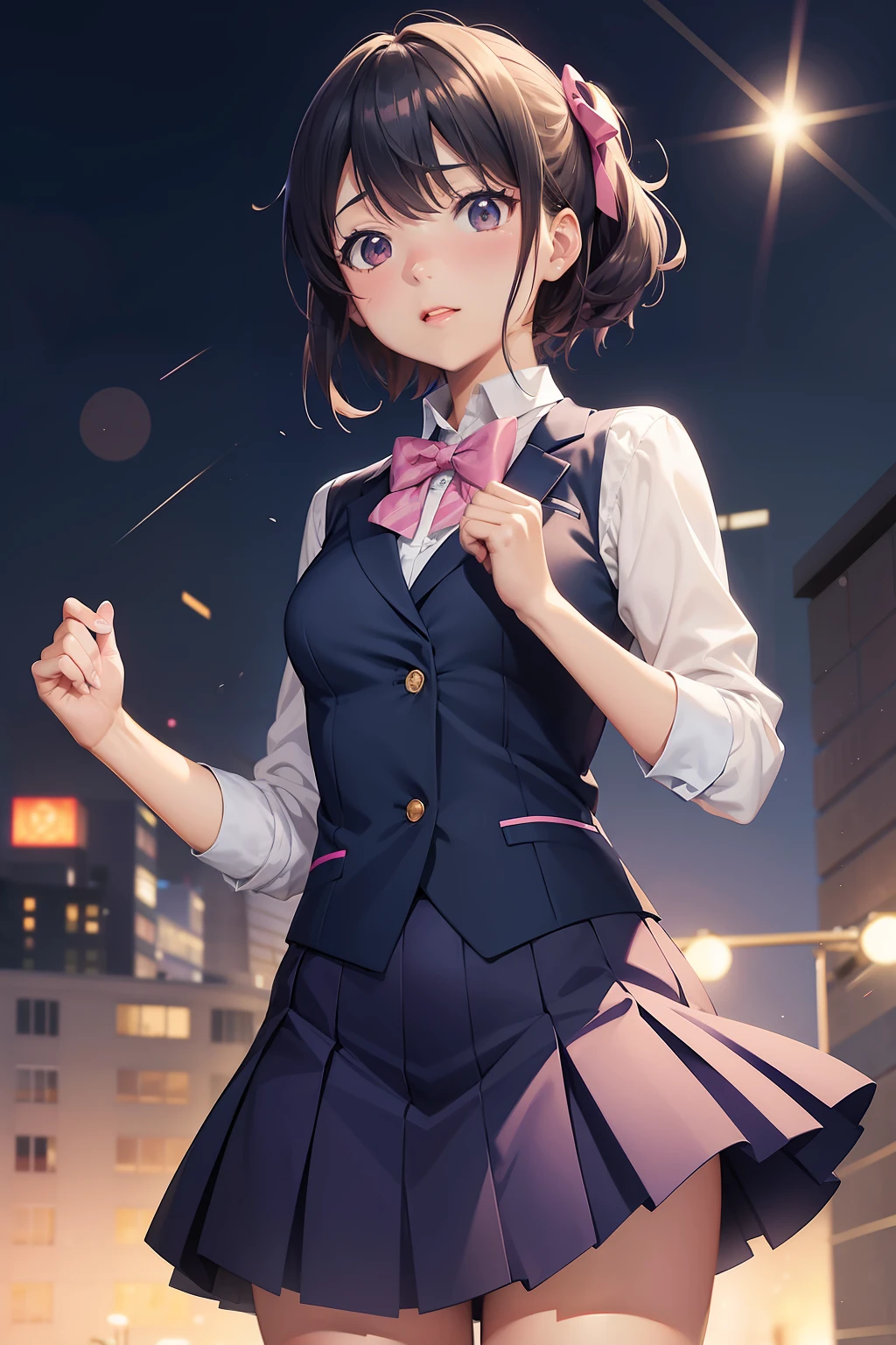 anime girl in a blue suit with a pink bow tie, shirobako, marin kitagawa fanart, Yayoi Kasuma, shinkai makoto, hints of yayoi kasuma, Still from TV anime, Makoto, nagatoro, Female protagonist 👀 :8, makoto shinka, anime moe art style, sayori, anime still