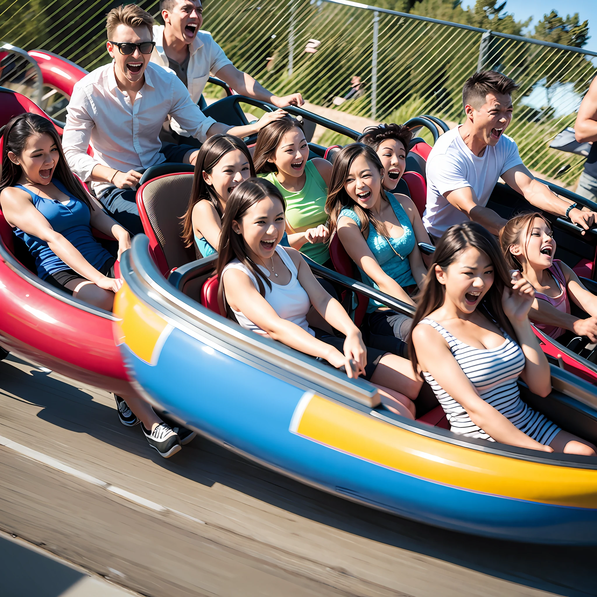 A dozen friends play roller coaster at a large amusement park