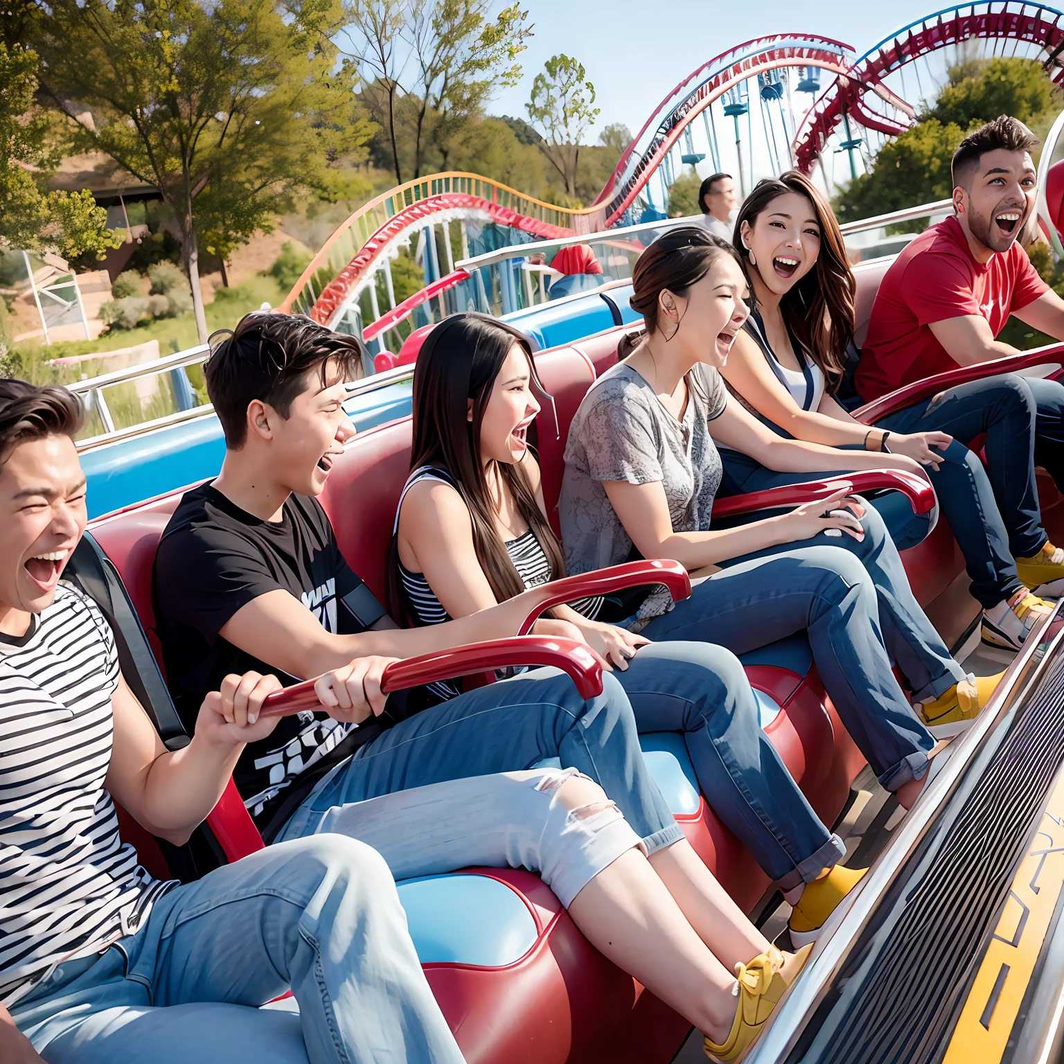 A dozen friends play roller coaster at a large amusement park