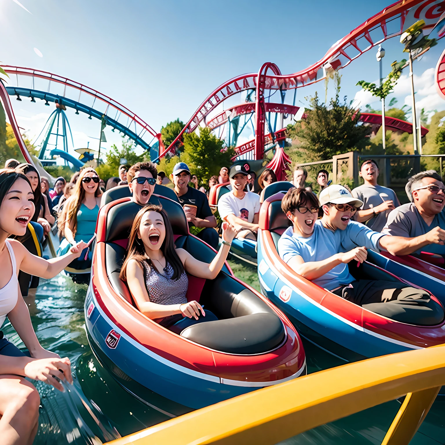 A dozen friends play roller coaster at a large amusement park