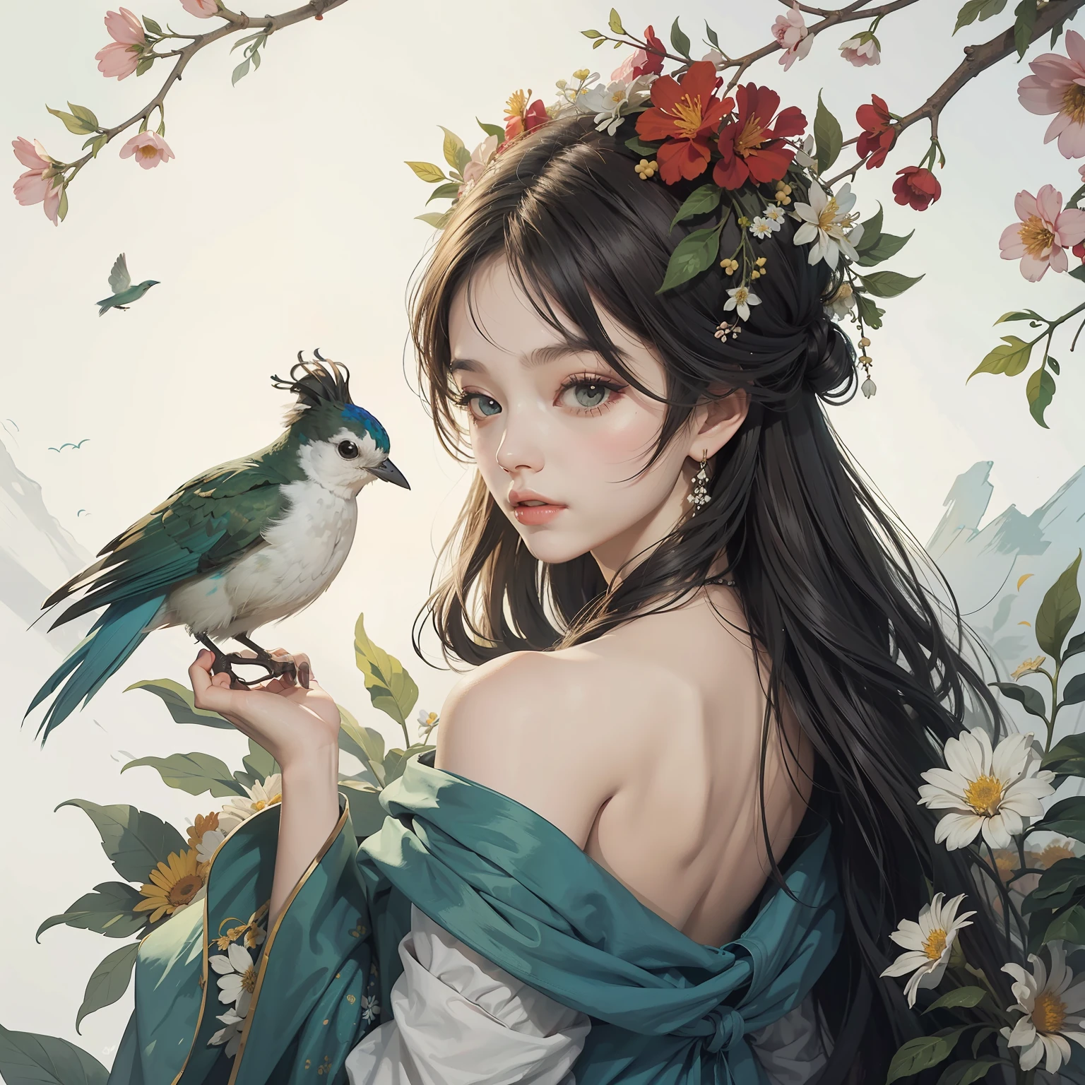 a painting of a woman with flowers and leaves on her head and a bird on her shoulder by James Jean