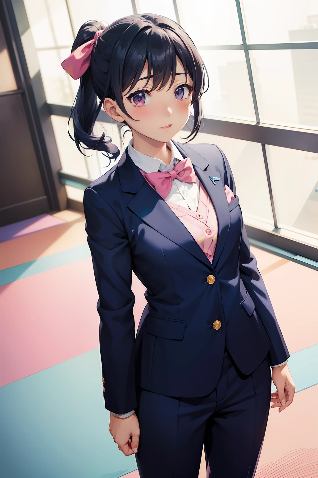 anime girl in a blue suit with a pink bow tie, shirobako, marin kitagawa fanart, Yayoi Kasuma, shinkai makoto, hints of yayoi kasuma, Still from TV anime, Makoto, nagatoro, Female protagonist 👀 :8, makoto shinka, anime moe art style, sayori, anime still