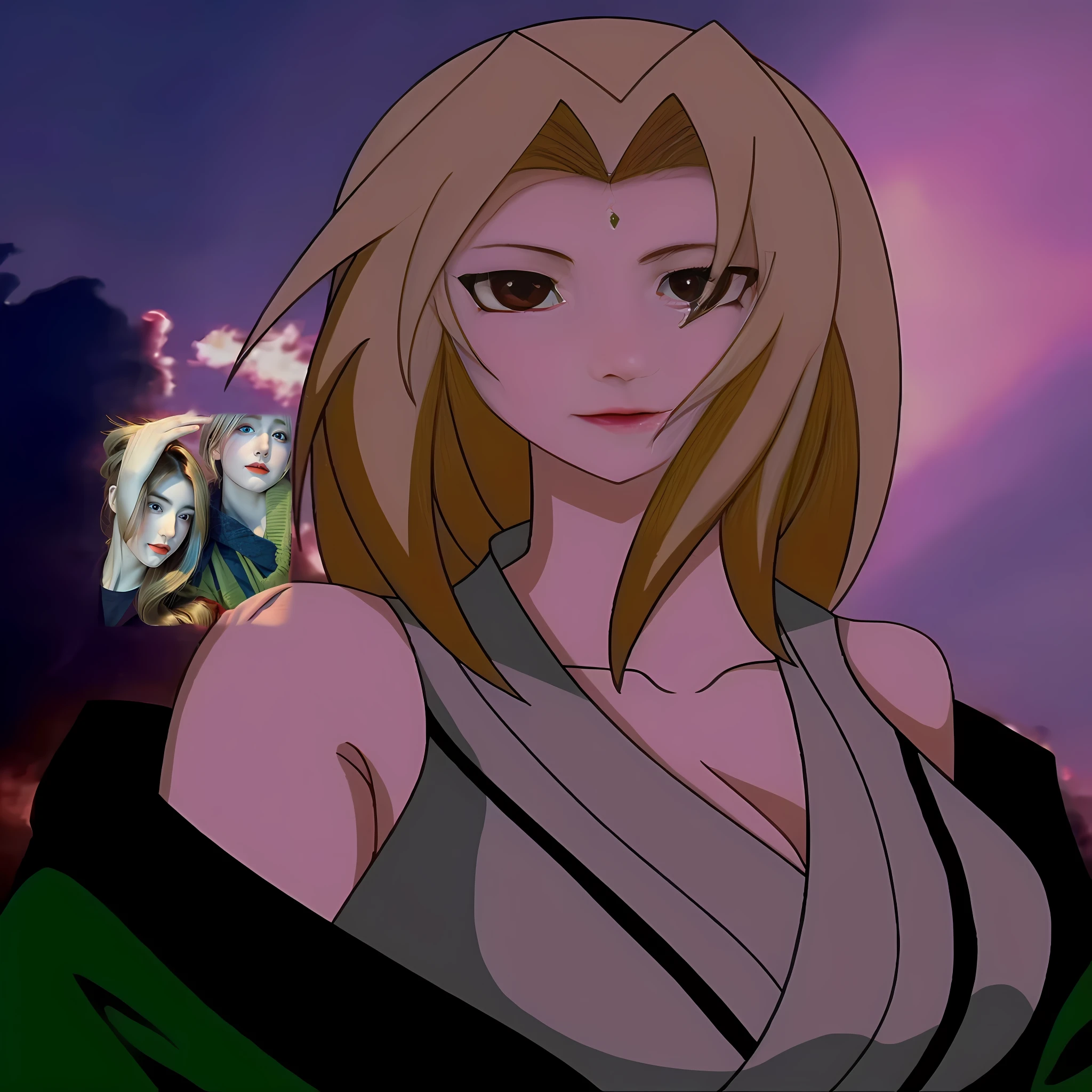 Anime girl with blonde hair and green dress in front of cloudy sky, Tsunade from Naruto, from Naruto, Kuno, inspired by Koichi Sakai, Uchiha Itachi, as an anime character
