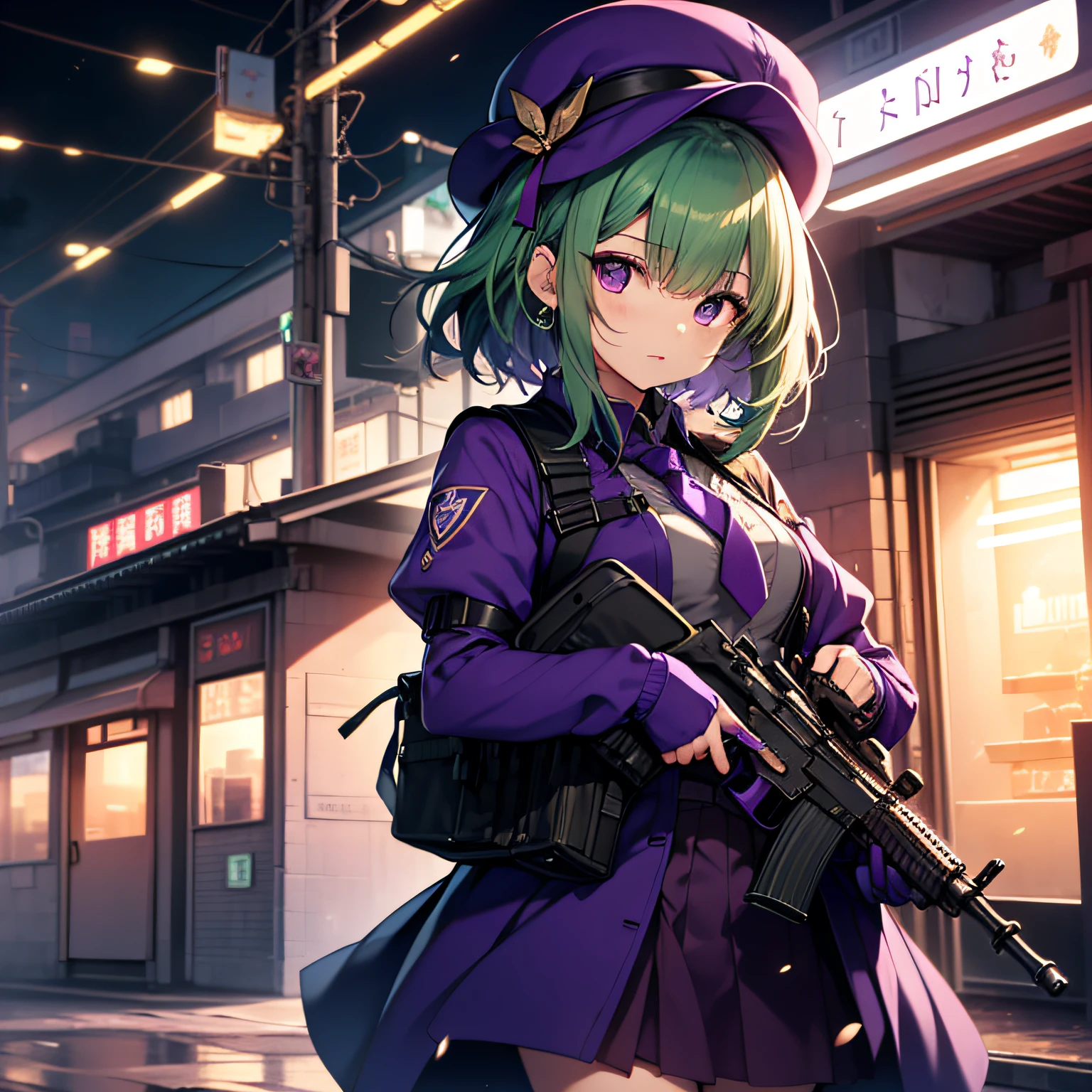 top-quality、extremely delicate and beautiful、(A age girl)、Purple Eye、Green hair、short-haired、(Purple pointy hat)、Purple tie、Soio、shortsleeves、Purple skirt、Navel,Tactical Vest、shortsleeves、Purple skirt、((Holding a submachine gun in both hands))、Midnight background、is standing