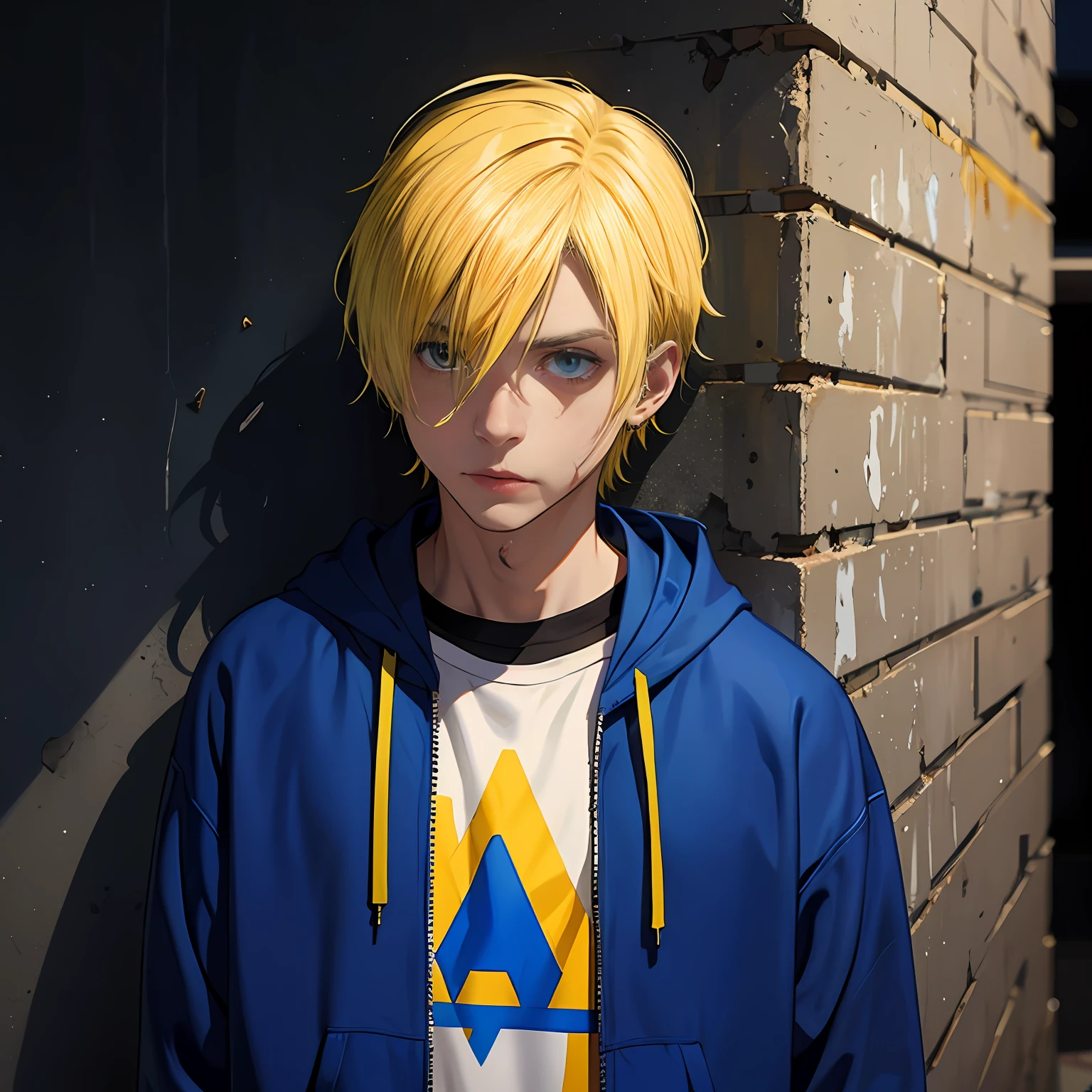 Man with dyed yellow hair,Wear a casual blue sweatshirt,In front of him was a tall wall,There was a slight blood stain on his face,The clothes were tattered