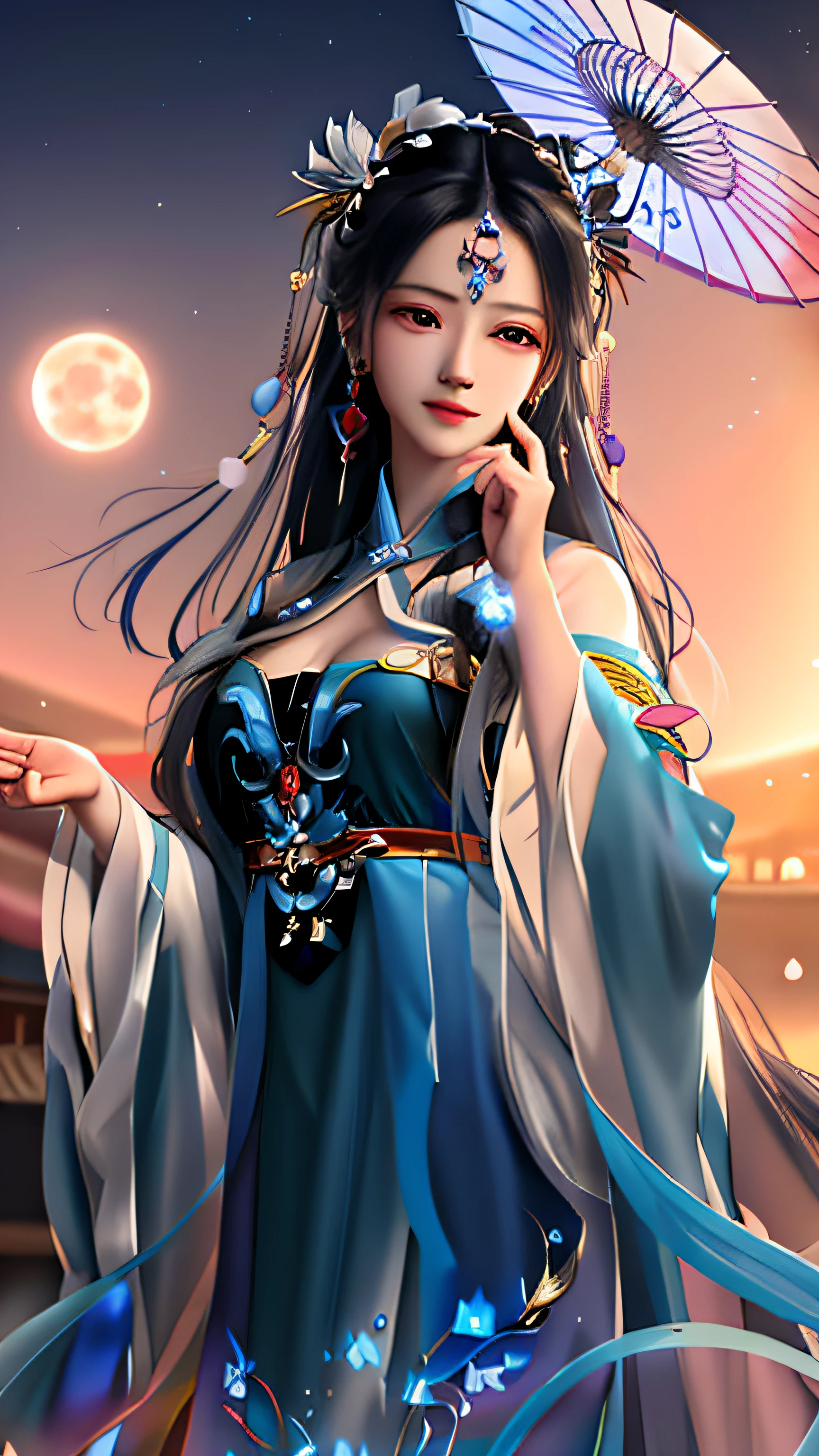 wearing blue dress，Arad woman holding an umbrella and a full moon, Palace ， A girl in Hanfu, a beautiful fantasy empress, ((a beautiful fantasy empress)), trending on cgstation, Inspired by Lan Ying, full-body xianxia, Beautiful celestial mage, Inspired by Huang Ji, Princesa chinesa antiga, 8K high quality detailed art