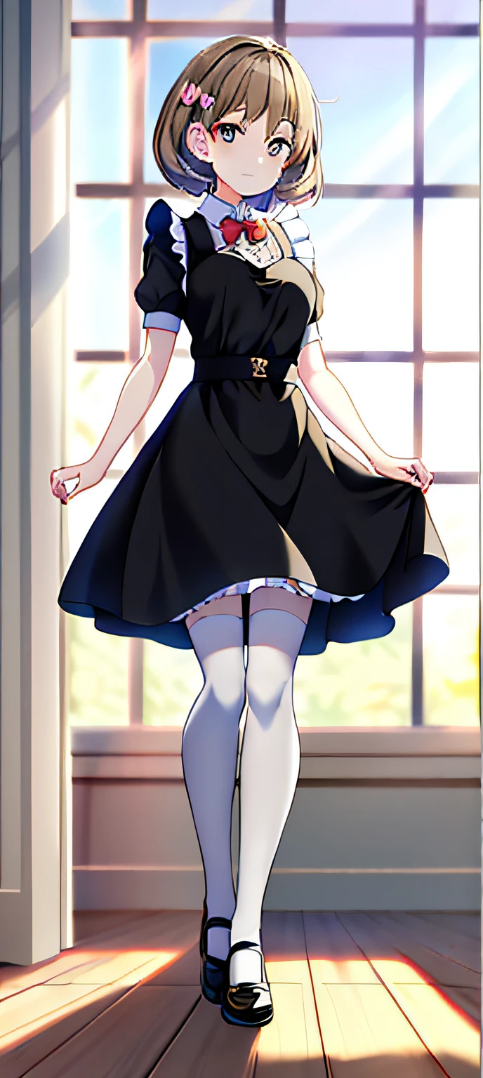 Anime girl in short skirt and bow tie standing in front of the window, cute anime waifu in a nice dress, Anime girl wearing black dress, loli in dress, anime girl in a maid costume, anime visual of a cute girl, anime full body illustration, Maid outfit, Yandere. Tall, Beautiful Anime High School Girls, An anime girl