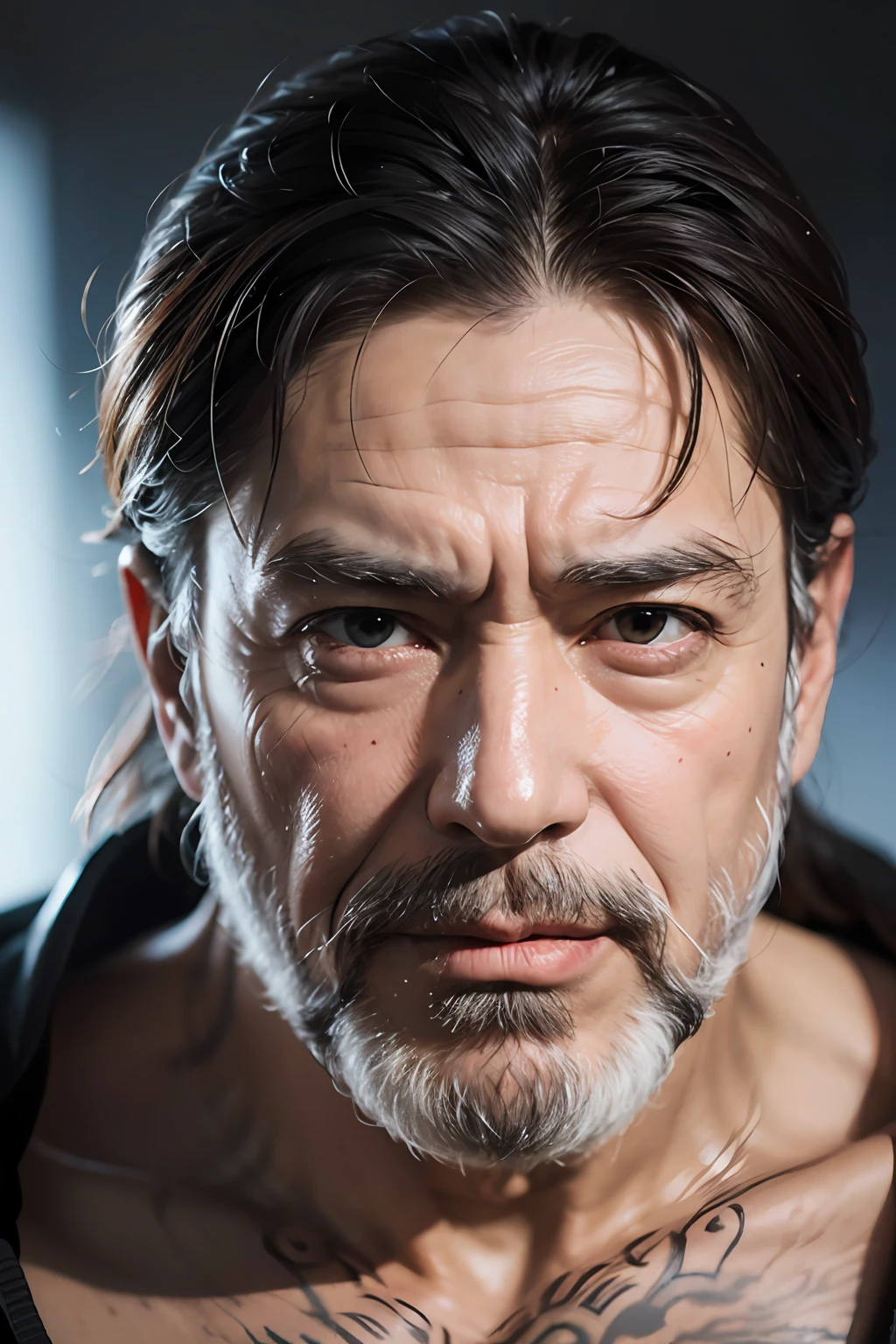 ((tmasterpiece))),(((best qualtiy))),((ultra - detailed)),(hyper realisitc),(highly detailed CGillustration),Movie light,realisticlying,Handsome old man,(A wrinkled face and beard),Complicated details,full view,arma,Robotic arm,movie picture quality,full bodyesbian,with short black hair,(magestic),Supernatural abilities,