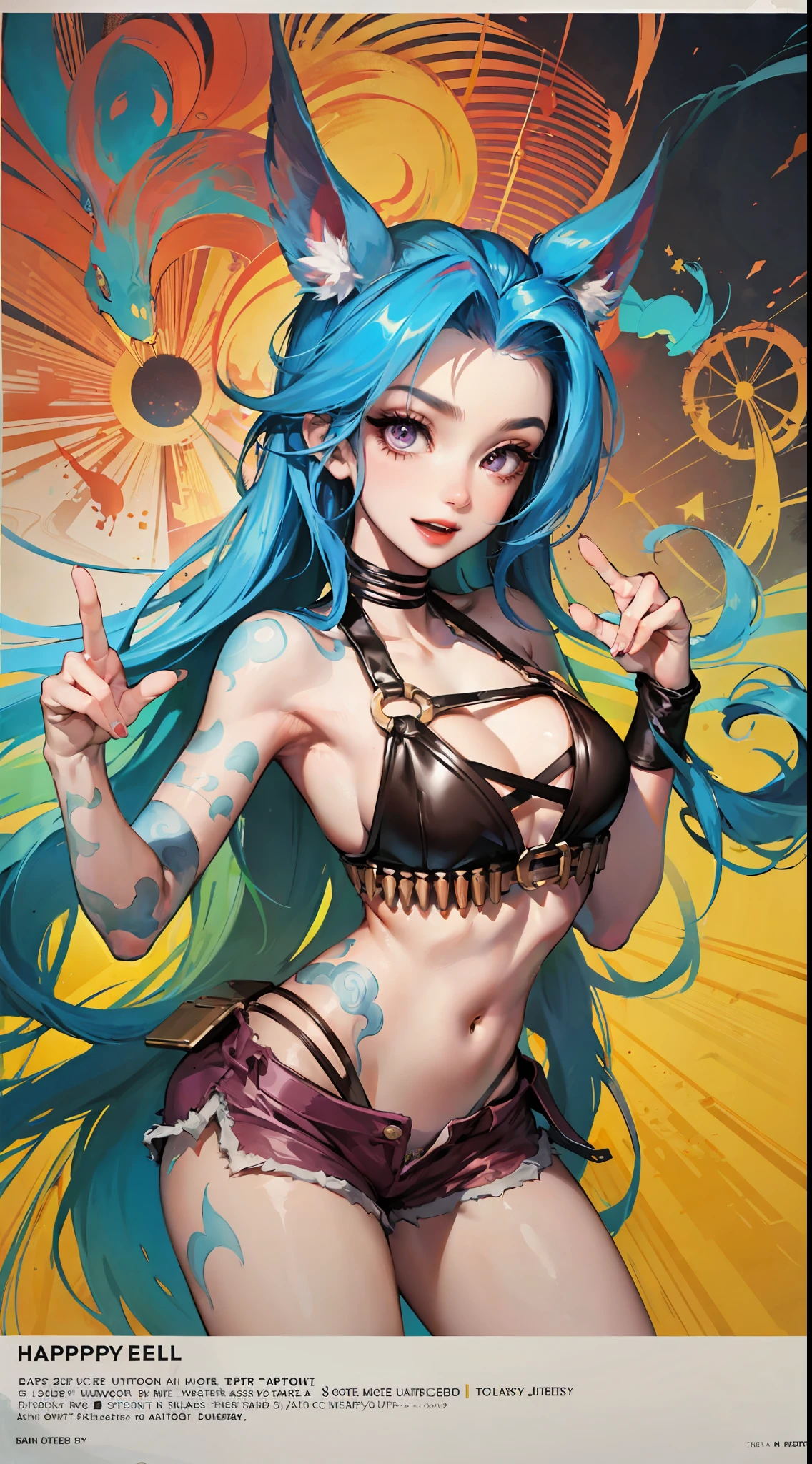 Jinx,Fleshy thighs，Poster publicity style，Pose，Ultra shorts，Simetall，C cup，Happy expression