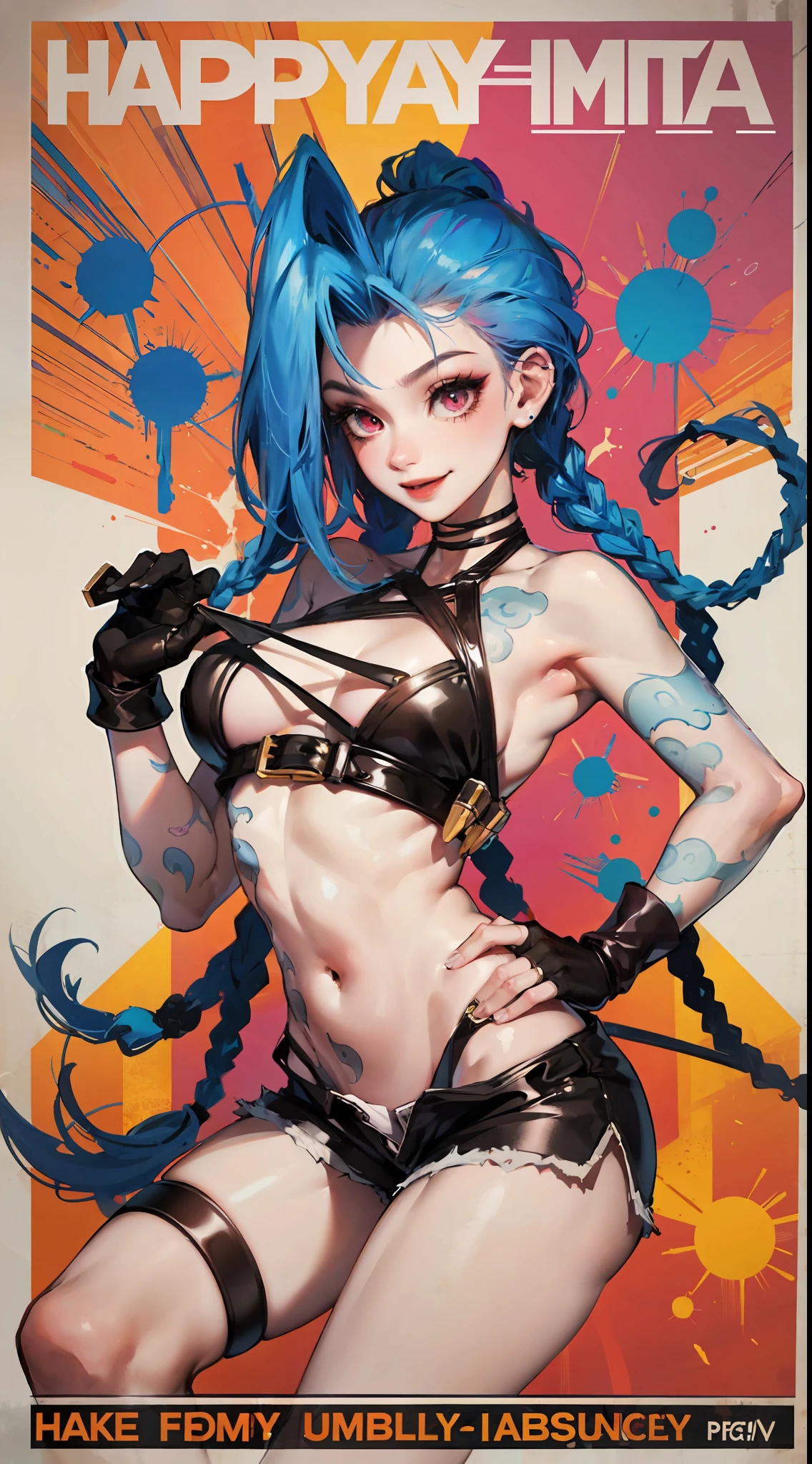 Jinx,Fleshy thighs，Poster publicity style，Pose，Ultra shorts，Simetall，C cup，Happy expression