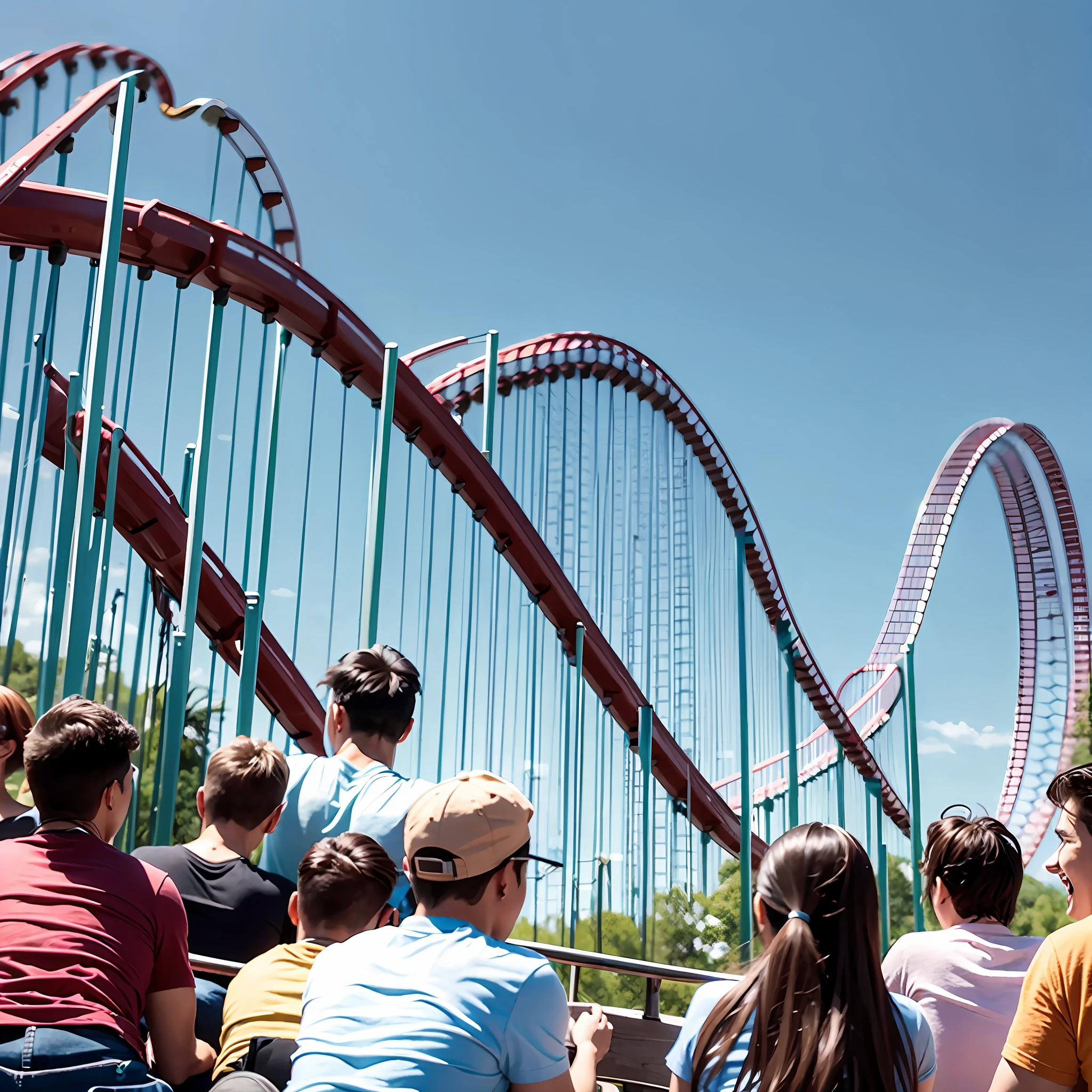 A dozen friends play roller coaster at a large amusement park