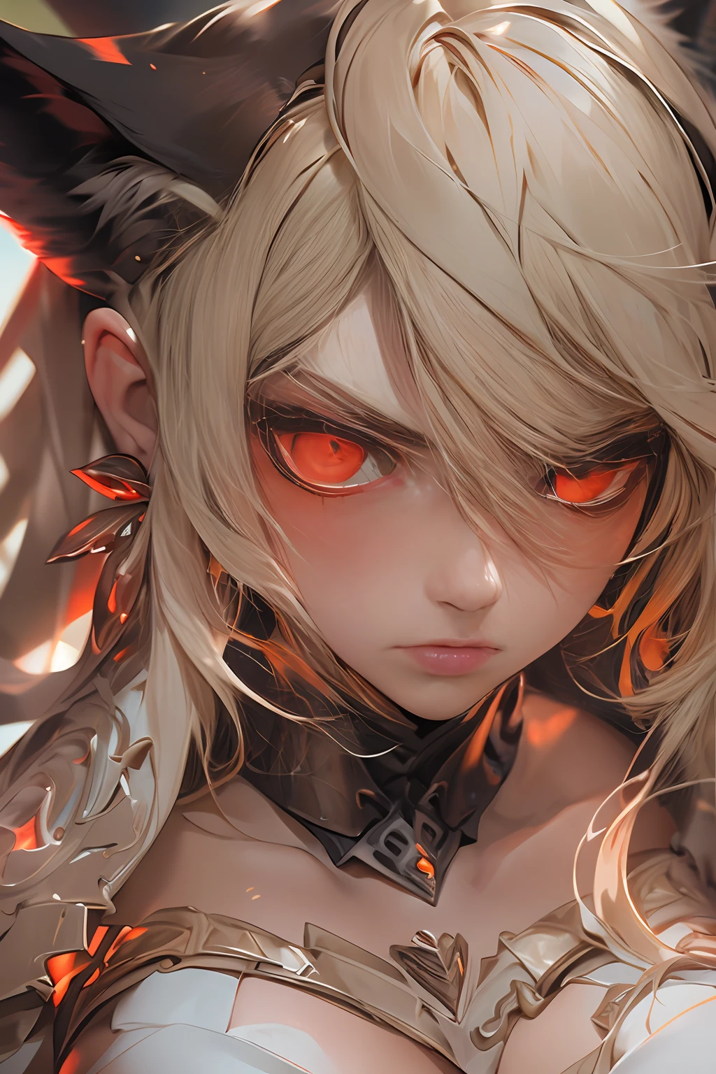 (masterpiece), (best quality), realistic, photorealism, 1girl, beautiful girl, perfect face, perfect body, sexy, close-up portrait, (red glowing eyes), girl with fox ears, angry, armor, cinematic light