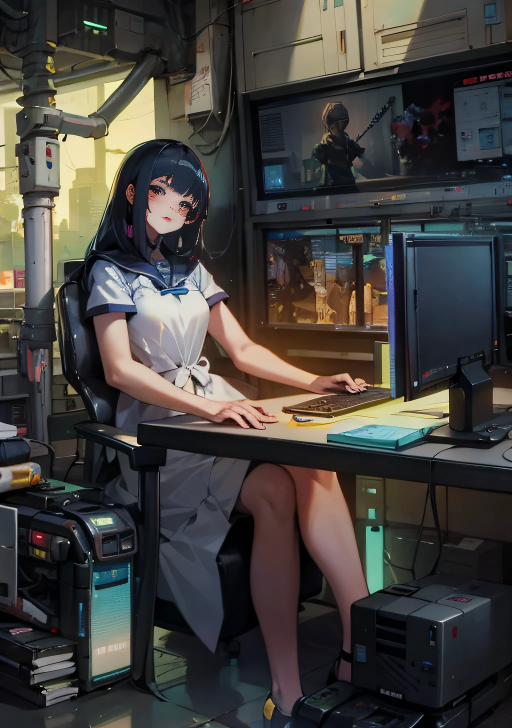 Anime girl sitting at desk,Hold laptop and monitor, Digital cyberpunk anime art, cyber school girl, style of anime4 K, Best anime 4k konachan wallpaper, anime cyberpunk art, Detailed digital anime art, cyberpunk anime art, cyberpunk anime girl, advanced digital anime art, digitl cyberpunk - anime art, Anime cyberpunk moderno, Digital anime art