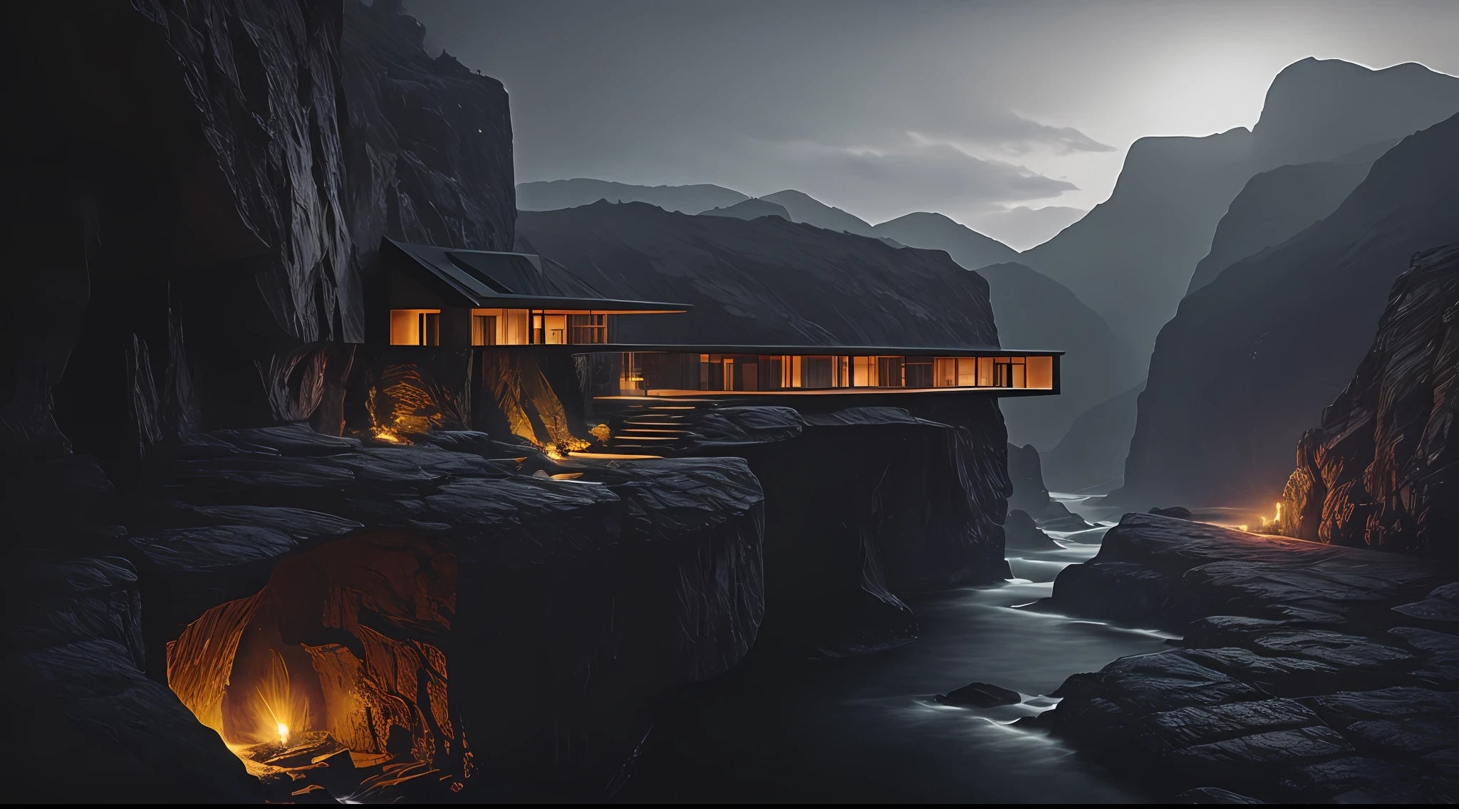 naturey， Epic building in the center， warmth， The glow of the night， primitive， HDR， （precipice， waterfallr， Abyss， Rochas， House on the edge of the cliff）， cinematic ligh， Slate gray， Dramatic light， Luxury building exterior