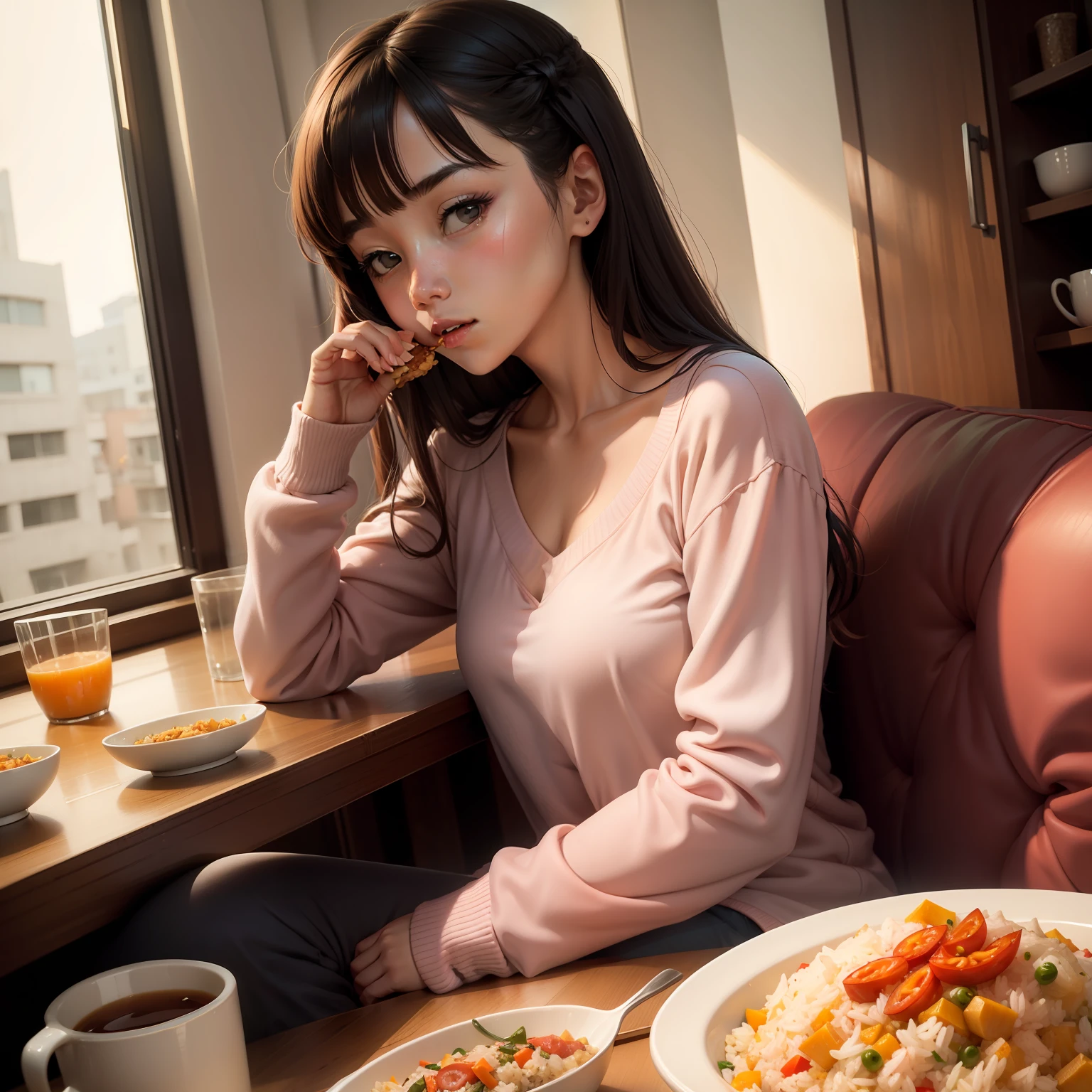 1 girl, loungewear, eating, solo, fried rice, viewers