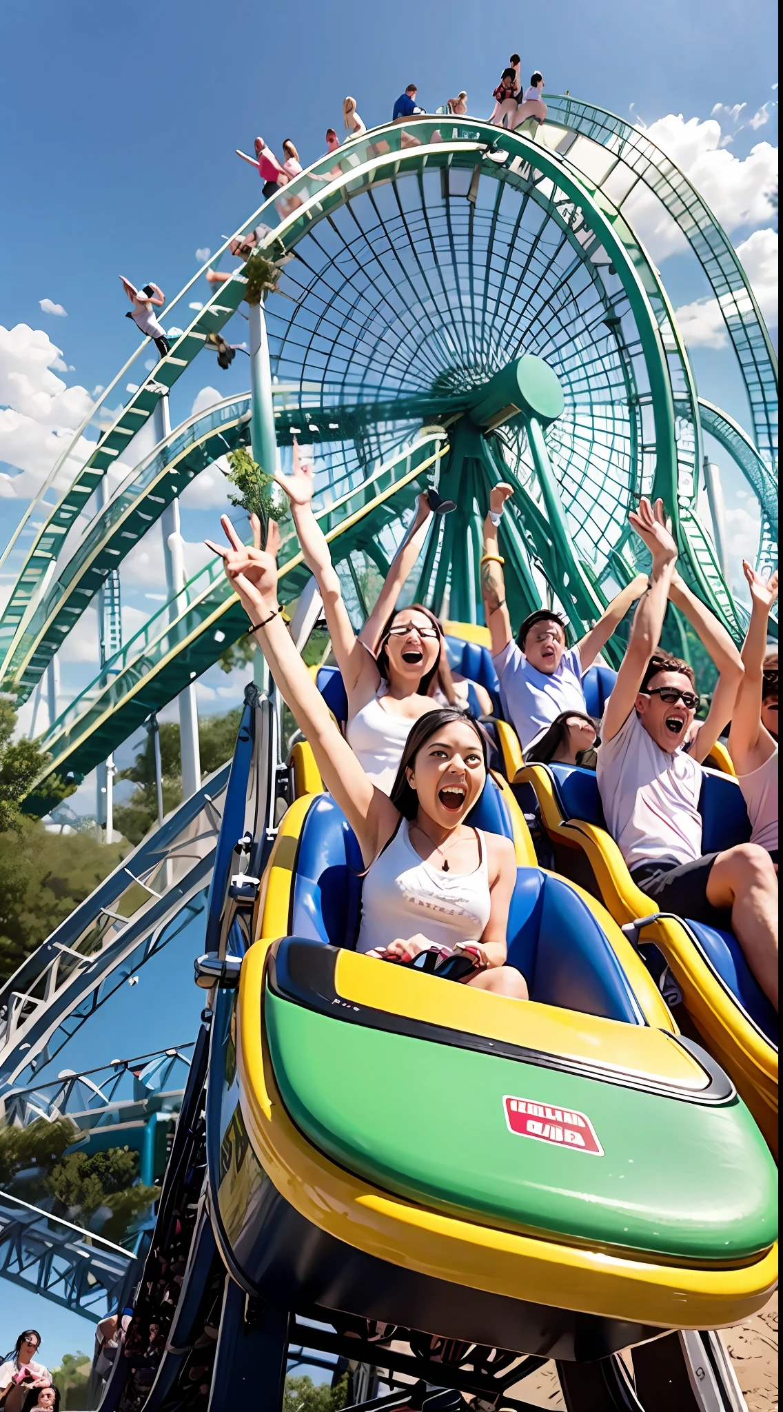 A dozen friends play roller coaster at a large amusement park
