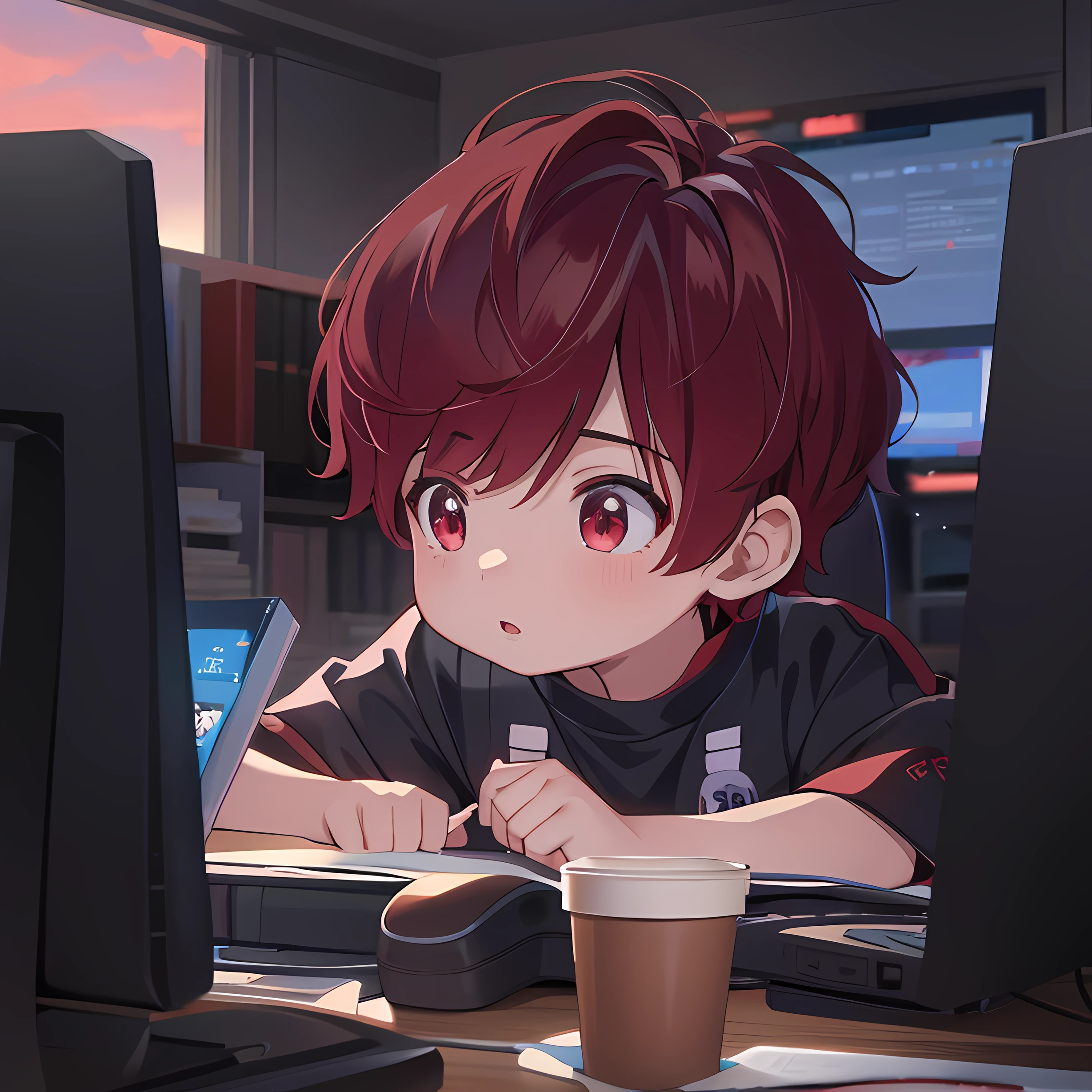 red tinted hair, Anime boy sitting at desk，黑The eye, Holding a computer and a cup of coffee, Digital anime illustration, style of anime4 K, Smooth anime CG art, Detailed digital anime art, 4K anime wallpaper, Digital anime art, 4k manga wallpapers, Anime style. 8K, Guweiz in Pixiv ArtStation, atey ghailan 8 k