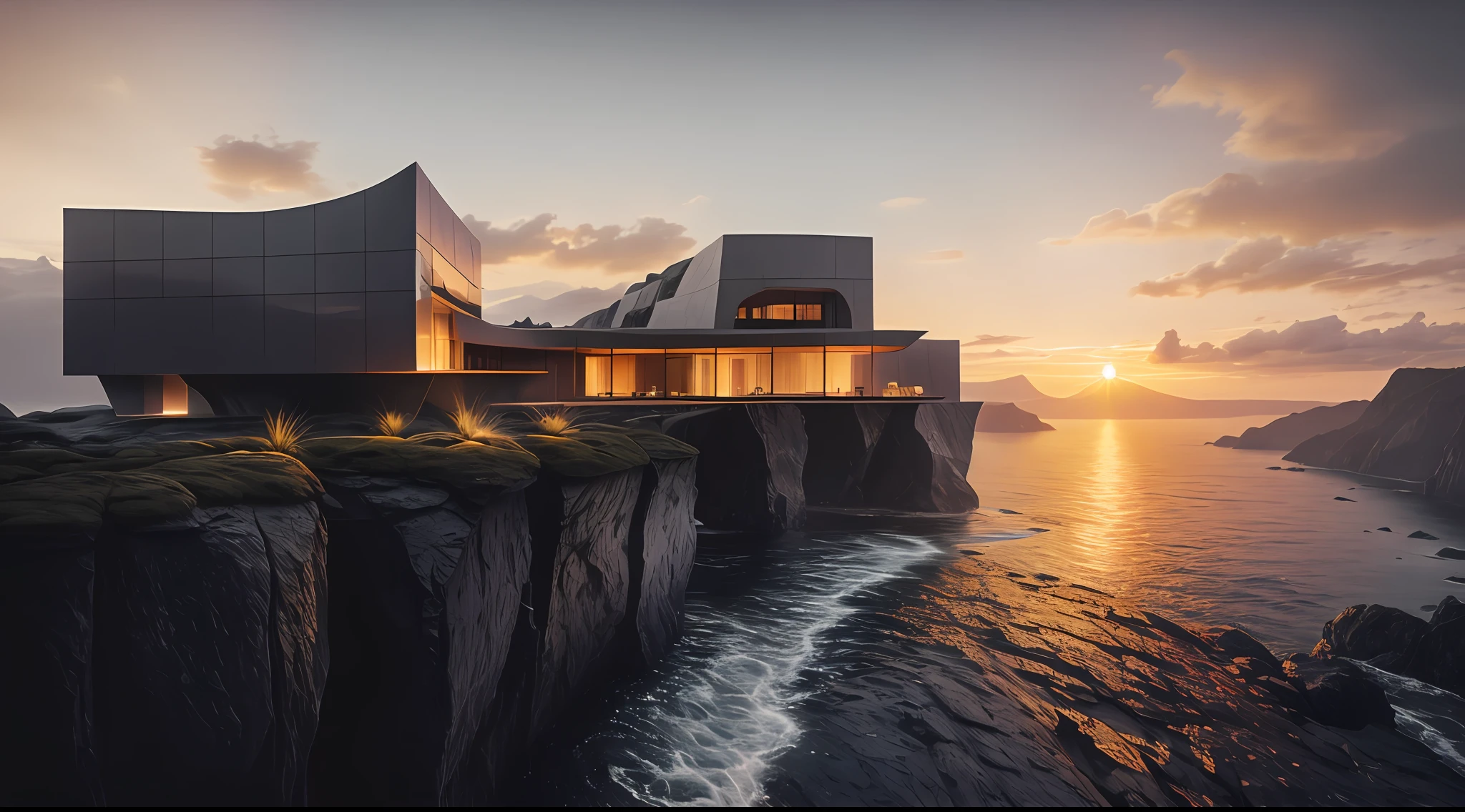 naturey, Epic building in the center, warmth, Evening glow, primitive, HDR, (precipice, waterfallr, Abyss, Rochas, House on the edge of the cliff), cinematic ligh, Slate gray, Dramatic light,Exterior of Zaha Hadid building