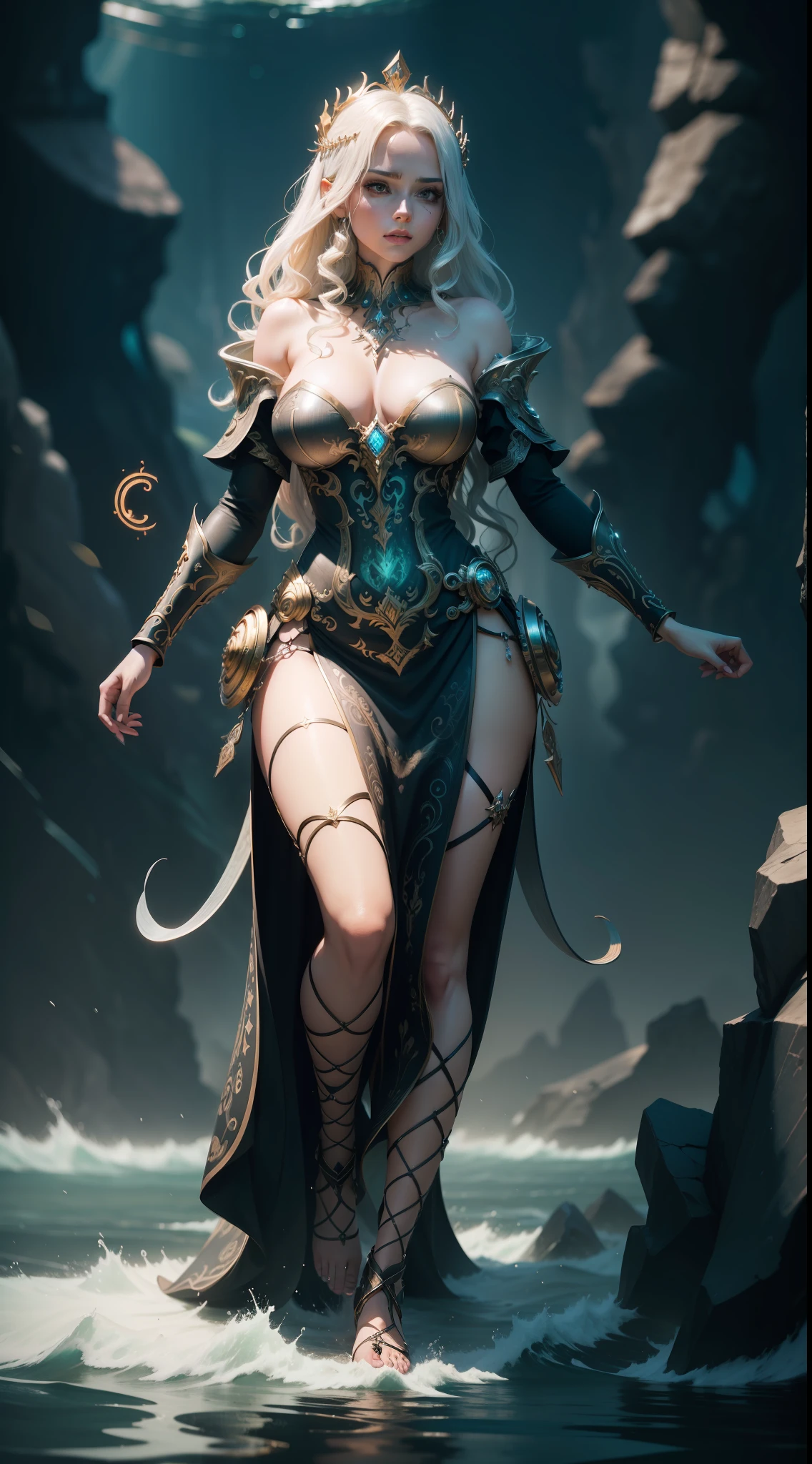 beautiful woman Queen of ocean in spiral wave water, background glorious , perfect face, realistic, full body, standing on ground, circuit board, in intricate clothing, fantasy, illustration, artstation, very complex hyper-maximalist overdetailed cinematic tribal darkfantasy, 8k resolution, Ultra-detailed Quality 3D Octane Render, photorealistic concept art, Sharp Focus, Perfect Composition, intense shadows, intense lighting, wallpaper, HDR, high quality, high-definition