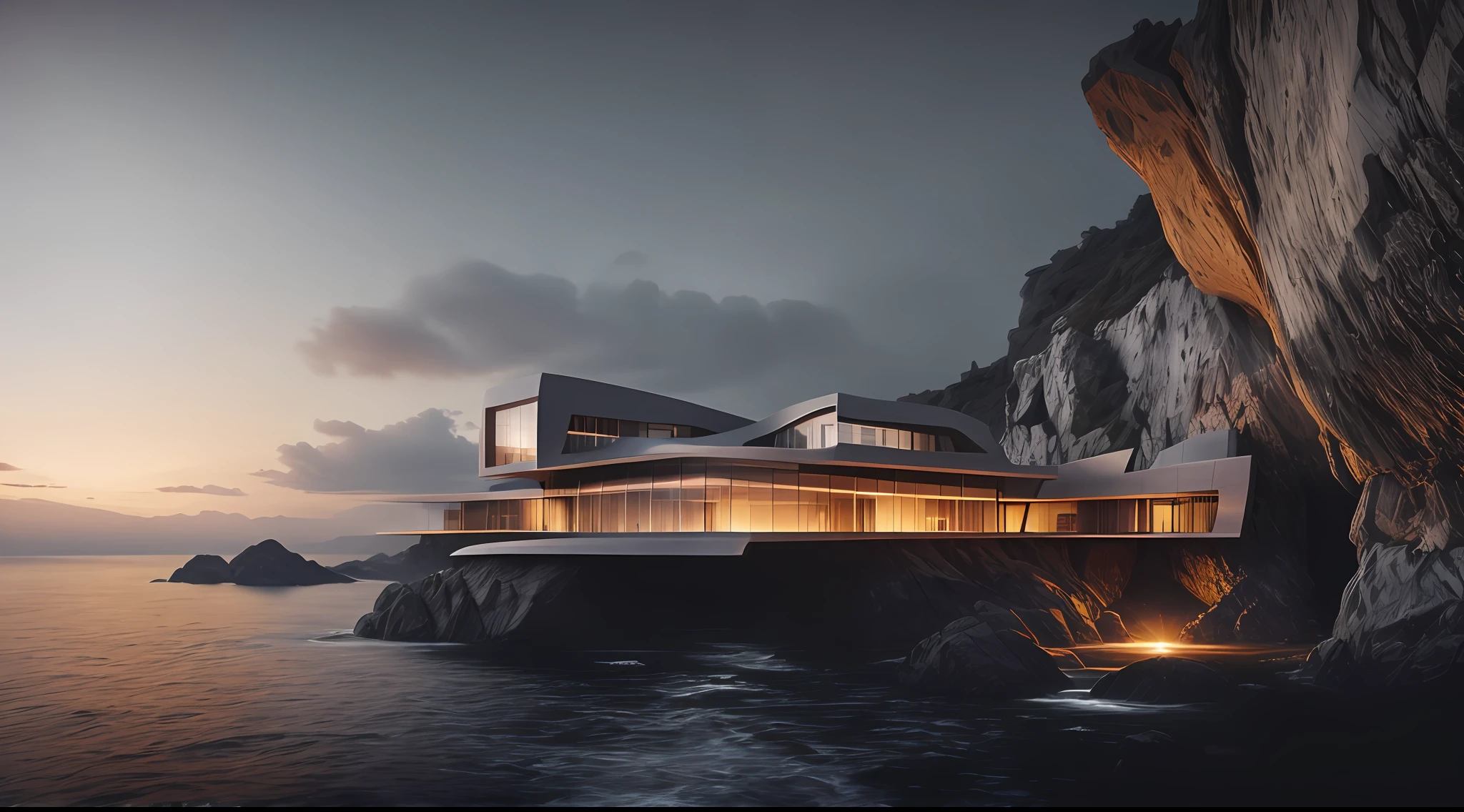 naturey， Epic building in the center， warmth， Evening glow， primitive， HDR， （precipice， waterfallr， Abyss， Rochas， House on the edge of the cliff）， cinematic ligh， Slate gray， Dramatic light，Exterior of Zaha Hadid building