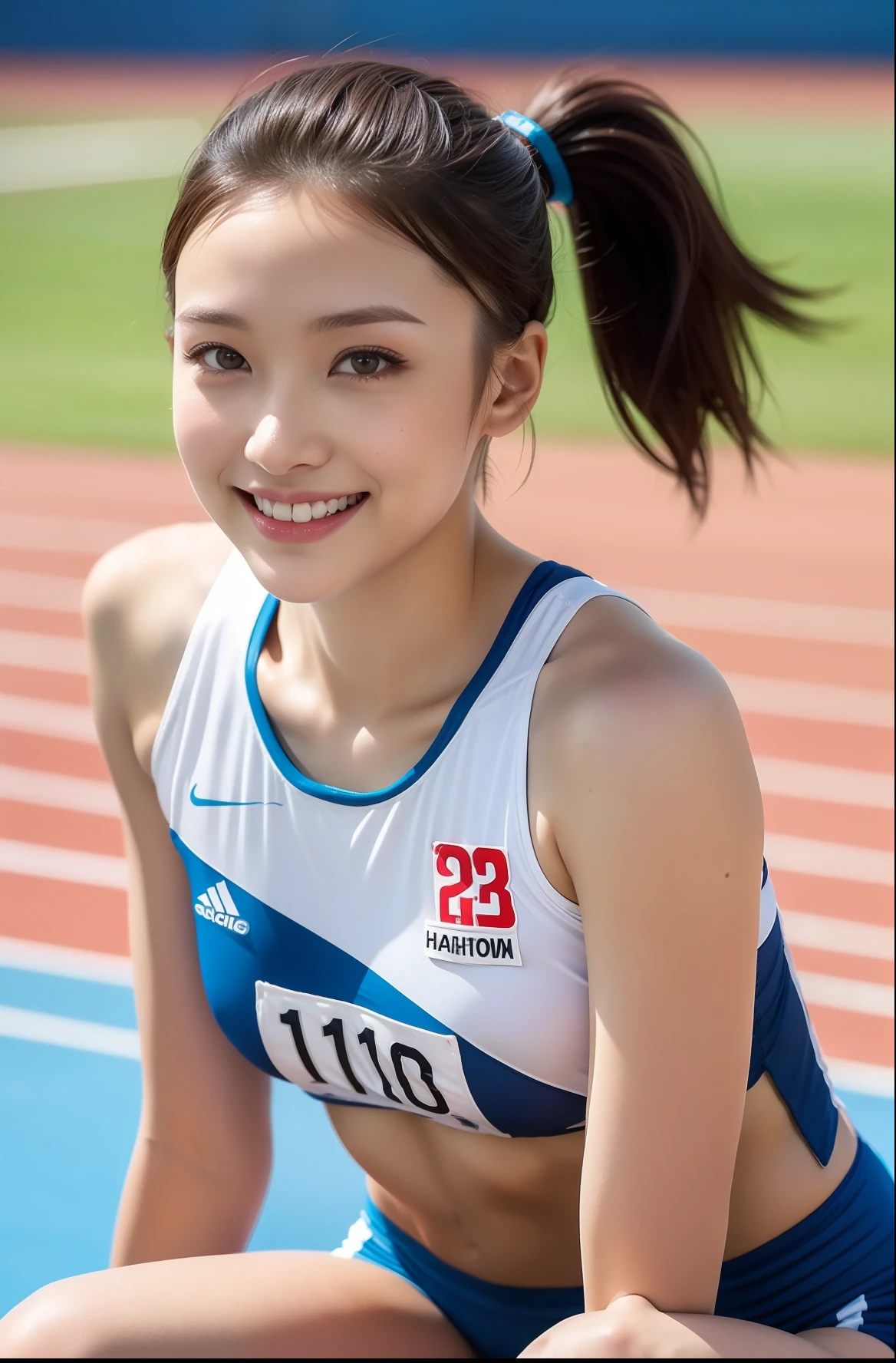(((full bodyesbian)))、((Short-cut hairstyles))、Perfect style、beauty legs、kawaii、((Track & Field Athletes Women))、japanese beauty girl、(((1人)))、Competition uniforms、((stadium))、Transcendent cute、A slight smil、Beautiful breasts、full bodyesbian、athletic field、((Outstanding style))、((Healthy body))、 Photorealsitic、Beautiful detailed eyes、Hyper-Realism、highcontrast、Ultra HD、realistic skin textures、Top image quality、top-quality、超A high resolution、Fine details、Very meticulously