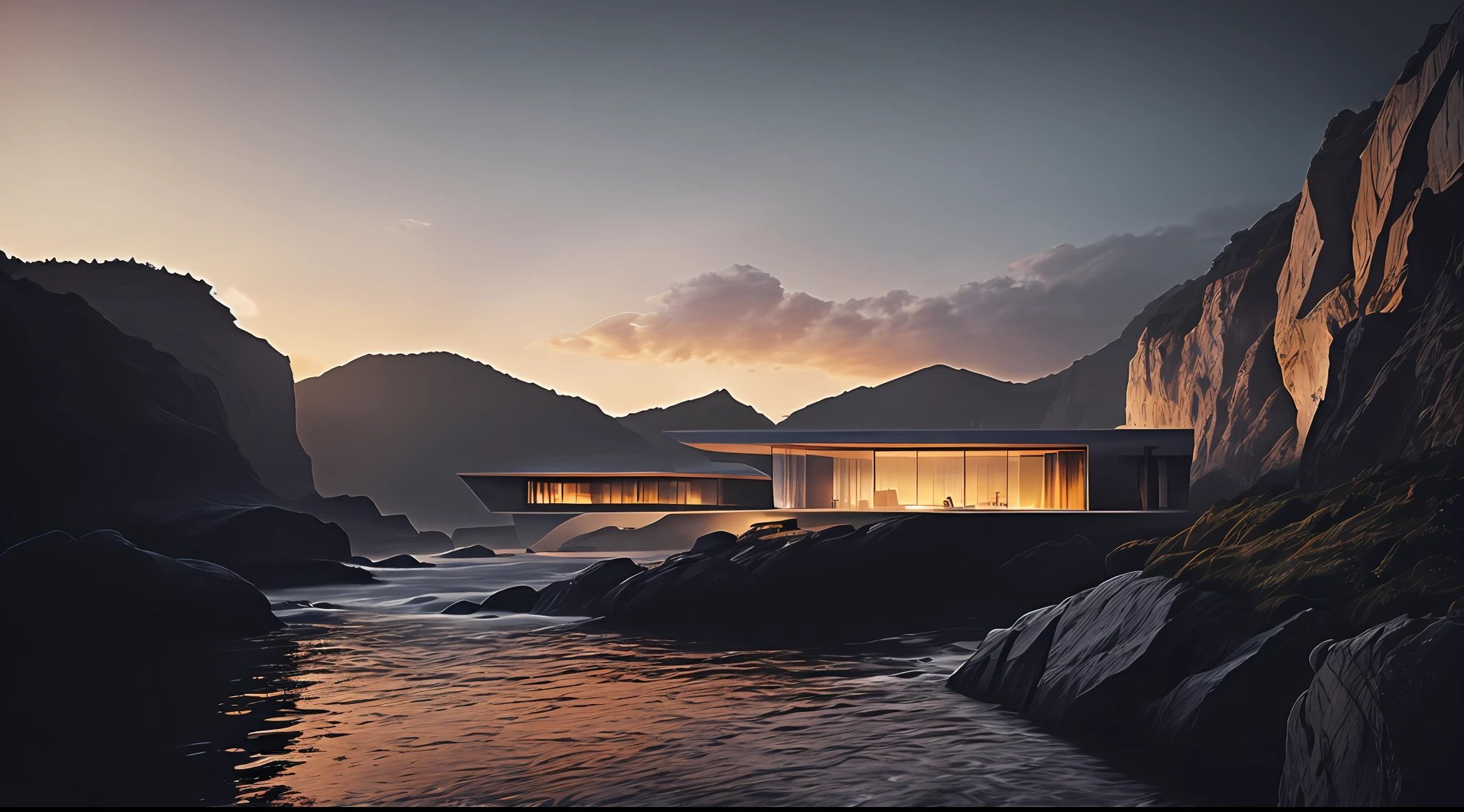 naturey, Epic building in the center, warmth, Evening glow, primitive, HDR, (precipice, waterfallr, Abyss, Rochas, House on the edge of the cliff), cinematic ligh, Slate gray, Dramatic light,Exterior of Zaha Hadid building
