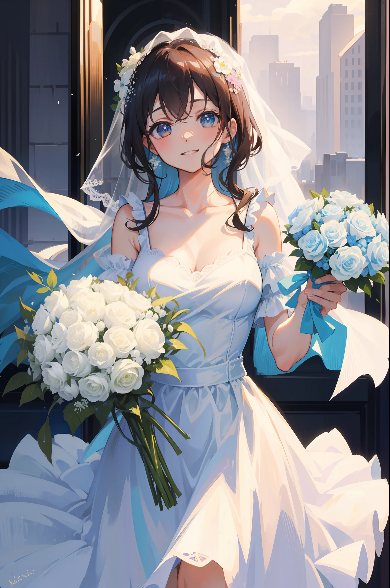 (Masterpiece, Best quality: 1.2), Solo, 1girll, Michiru Kagsen, Smile, looking at viewert, holds a bouquet of flowers, Wedding dress, White dress,chies,Beauty,décolleté, nedium breasts,wedding veil, Large