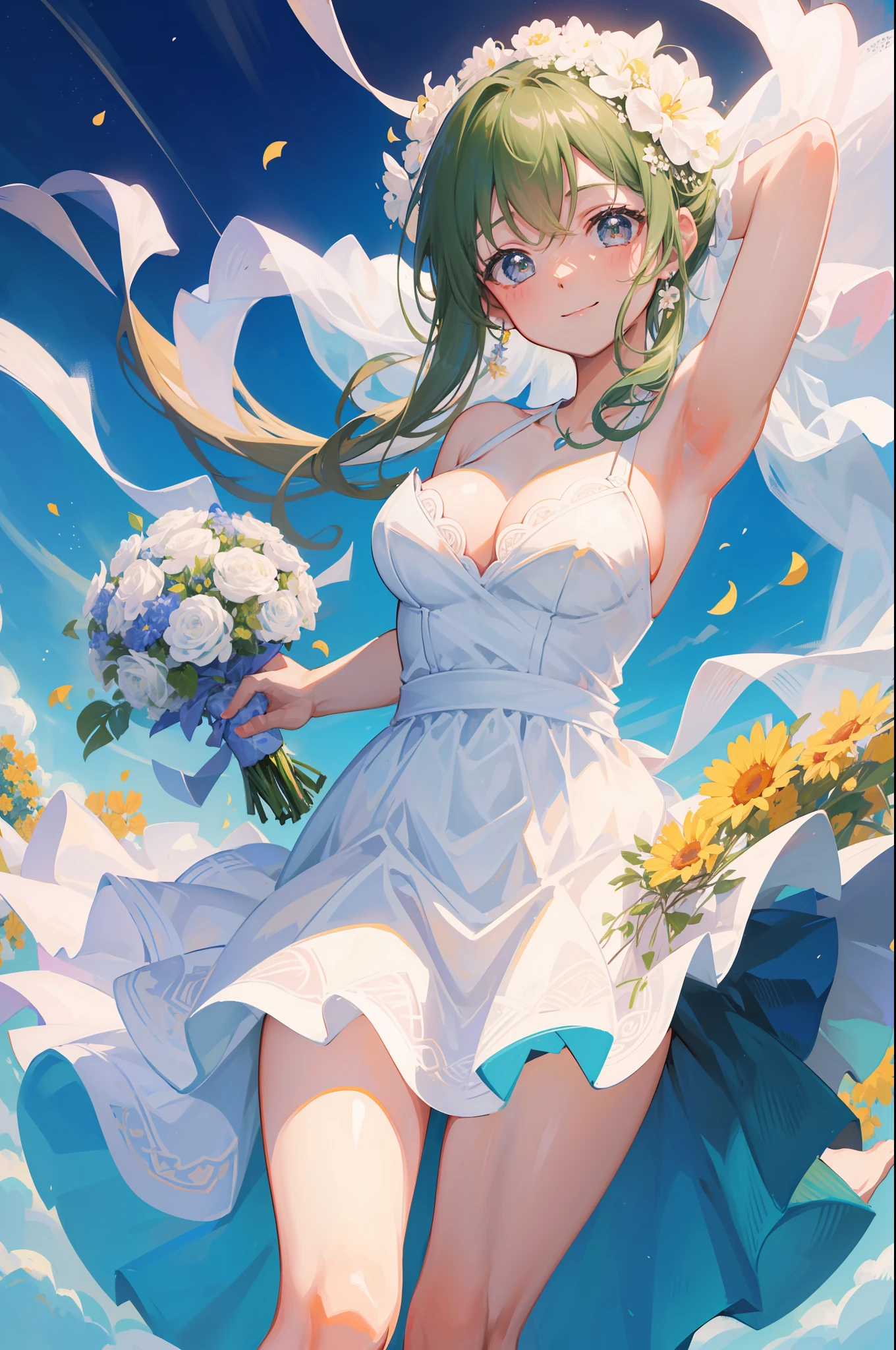 (Masterpiece, Best quality: 1.2), Solo, 1girll, Michiru Kagsen, Smile, looking at viewert, holds a bouquet of flowers, Wedding dress, White dress,chies,Beauty,décolleté, nedium breasts,wedding veil, Large