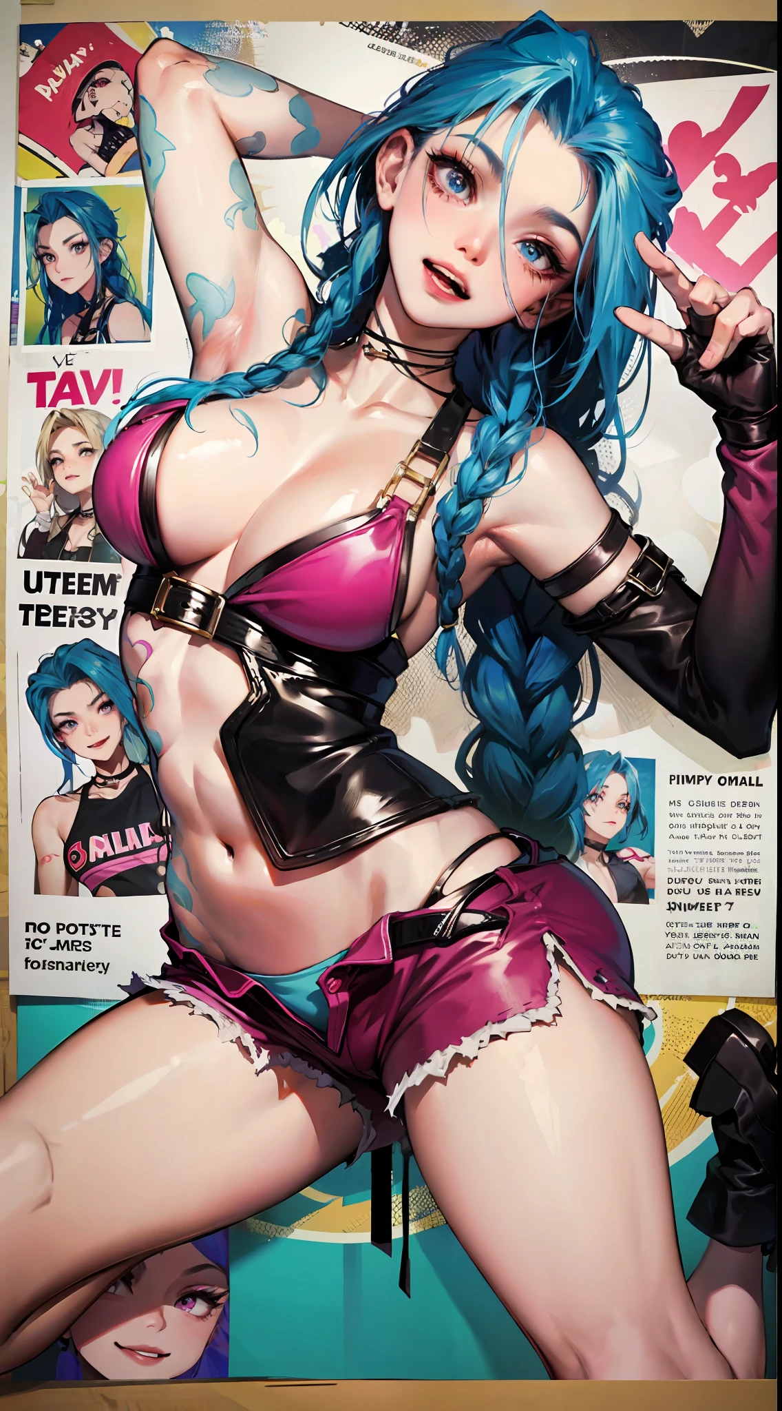 Jinx,Fleshy thighs，Poster publicity style，insgram,Pose，Ultra shorts，Simetall，C cup，Happy expression