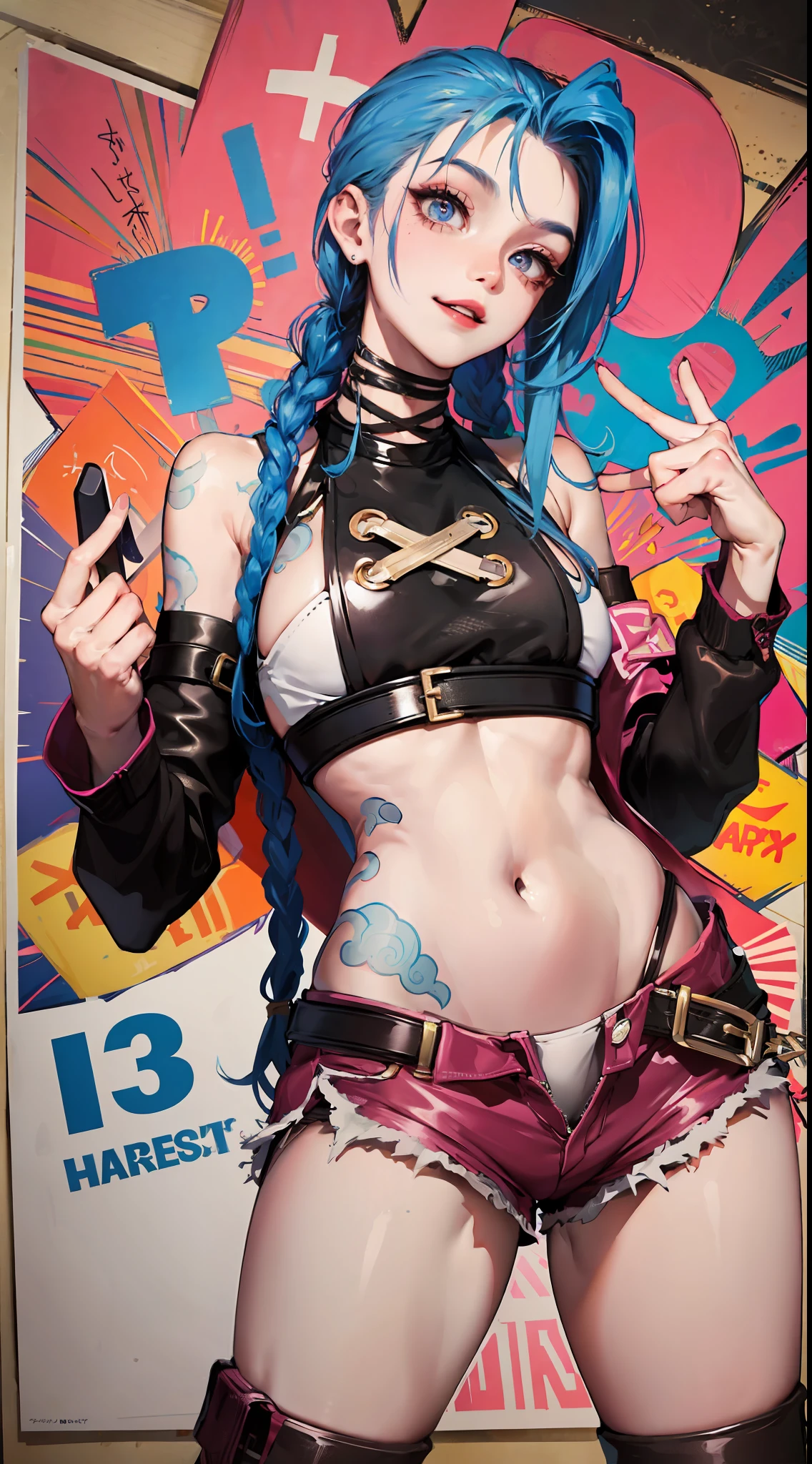 Jinx,Fleshy thighs，Poster publicity style，insgram,Pose，Ultra shorts，Simetall，C cup，Happy expression