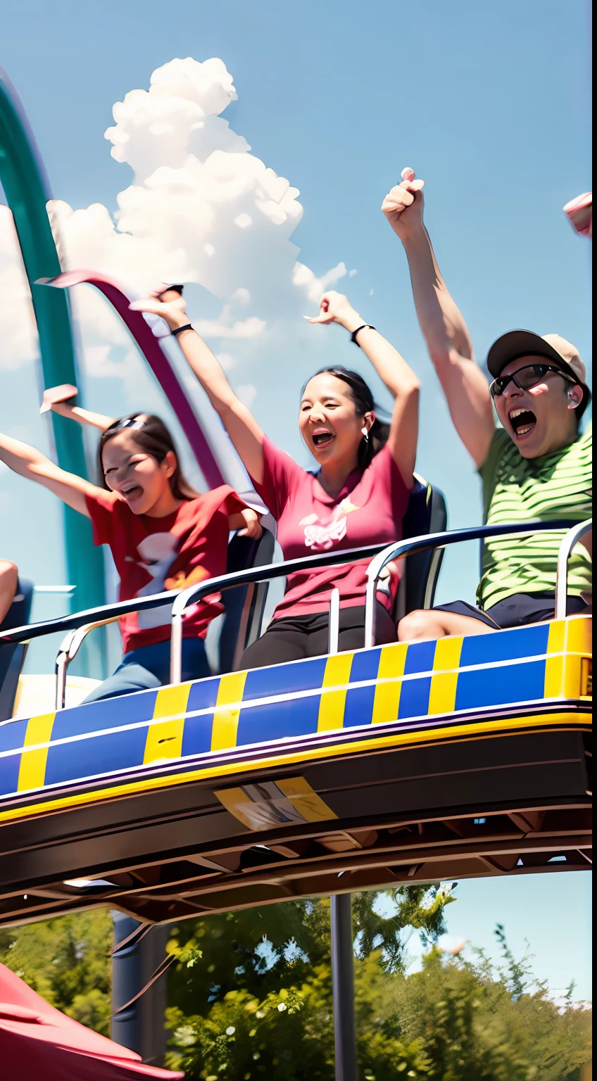 A dozen friends play roller coaster at a large amusement park