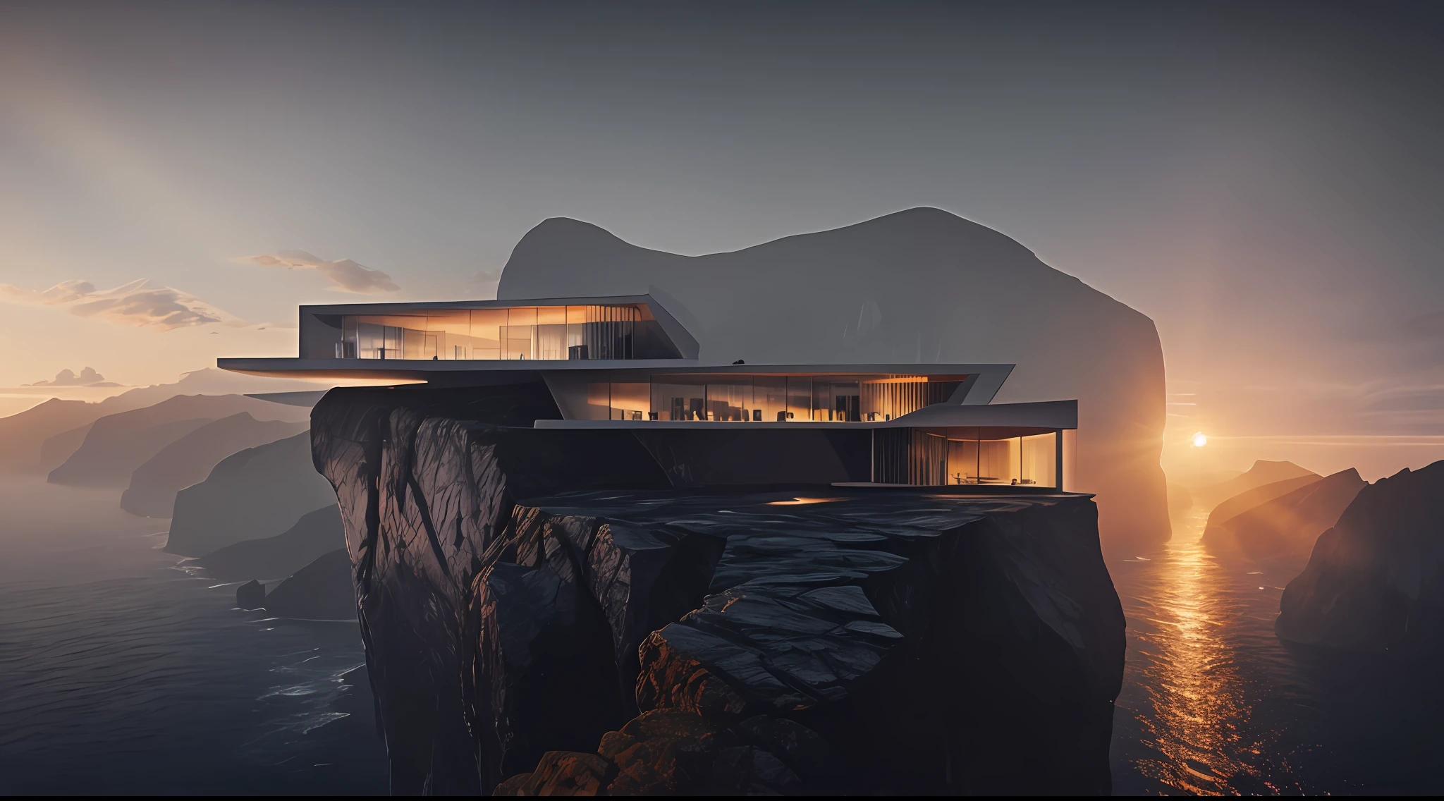 naturey， Epic building in the center， warmth， Evening glow， primitive， HDR， （precipice， waterfallr， Abyss， Rochas， House on the edge of the cliff）， cinematic ligh， Slate gray， Dramatic light，Exterior of Zaha Hadid building